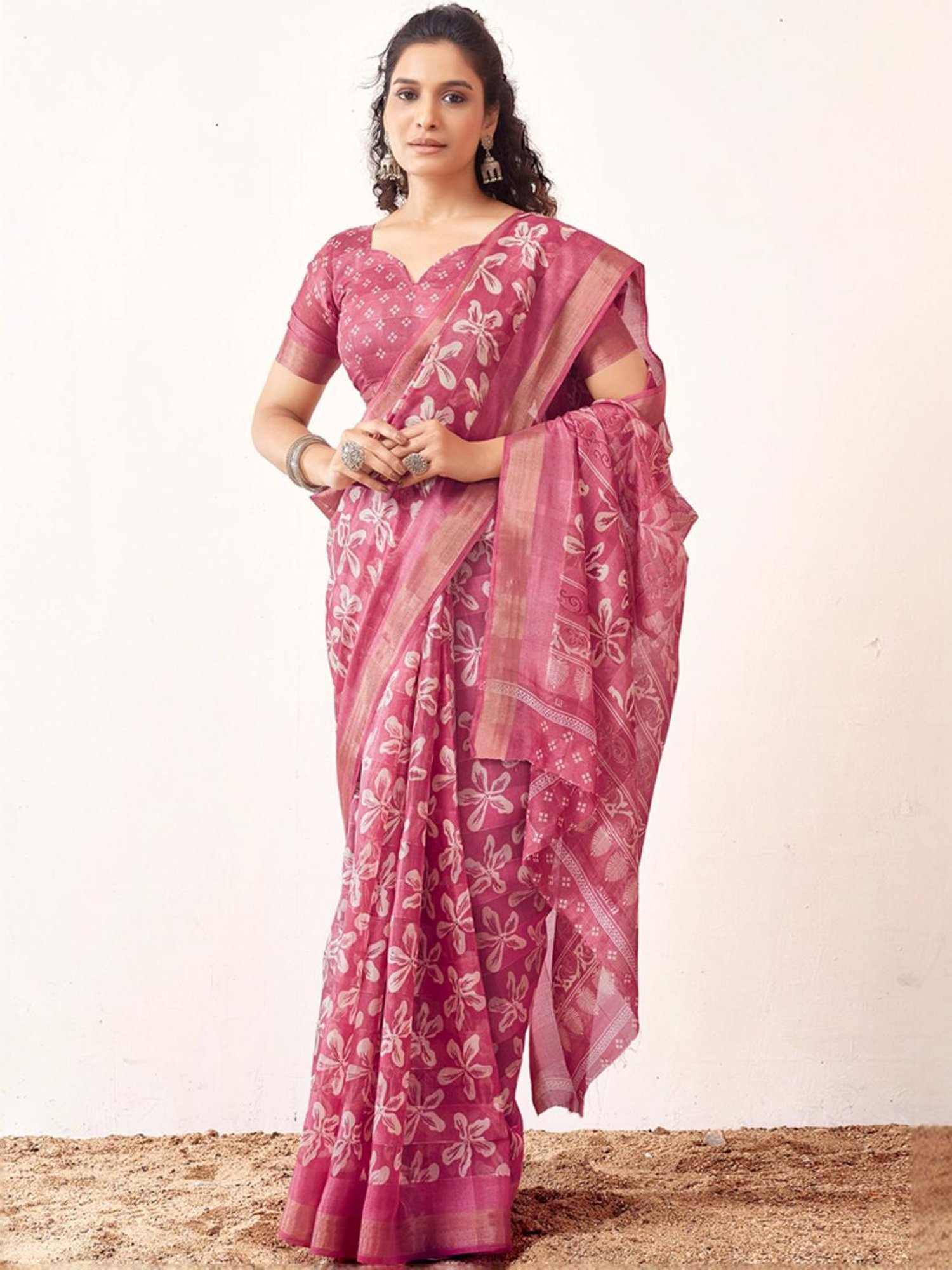 Satrani Pink Floral Print Saree With Unstitched Blouse