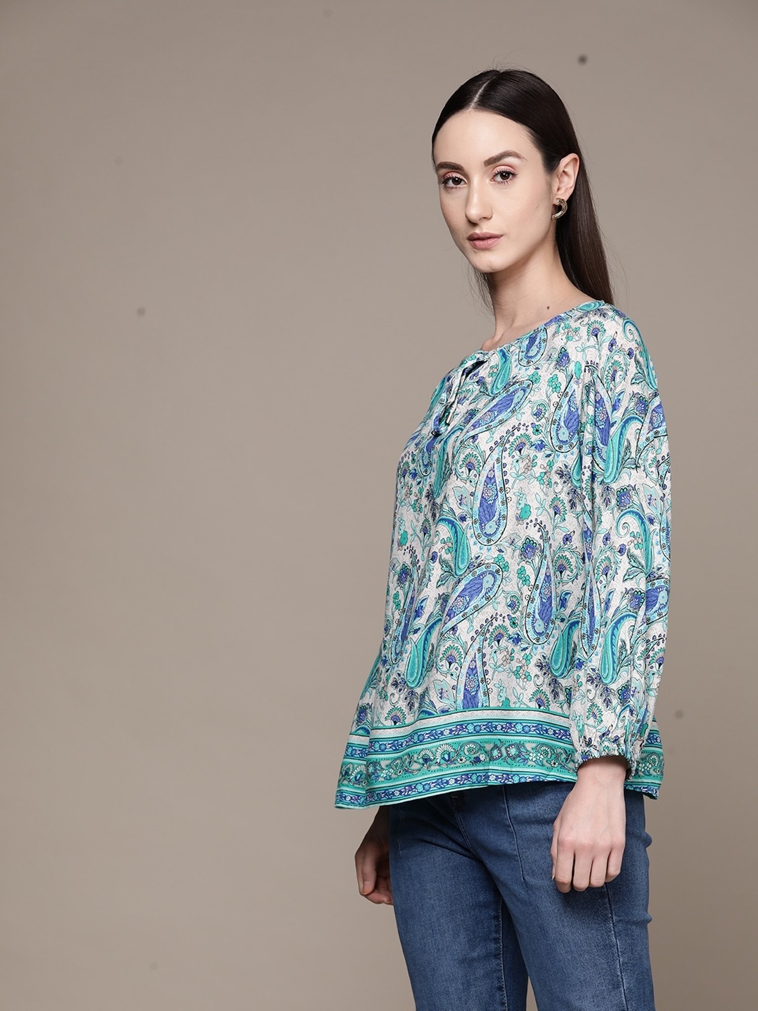 Label Ritu Kumar Blue Rayon Botanic Print Top