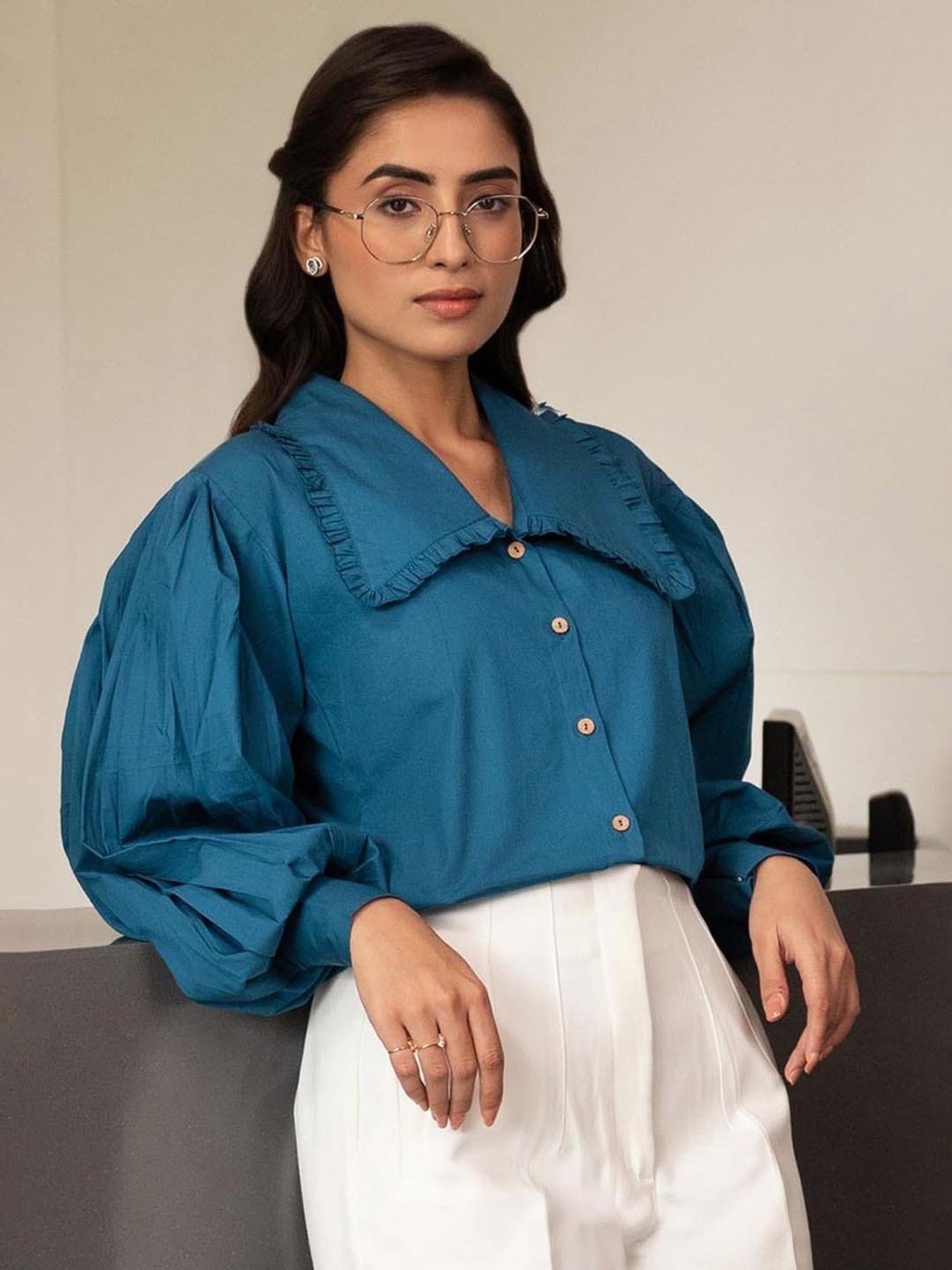 BInfinite Prussian Blue Baloon Sleeve Shirt