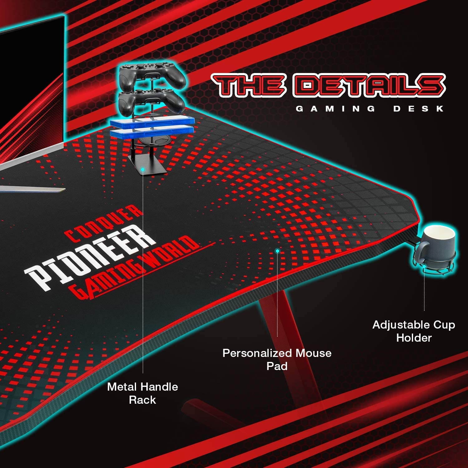 Devoko Gaming Desk 55 Inch Computer Gaming Desk Z-Shaped Pc Gaming Desk with Carben Fiber Surface Gamer Desk with Free Mouse Pad Home Office Desk with Cup Holder and Headphone Hook (Black)