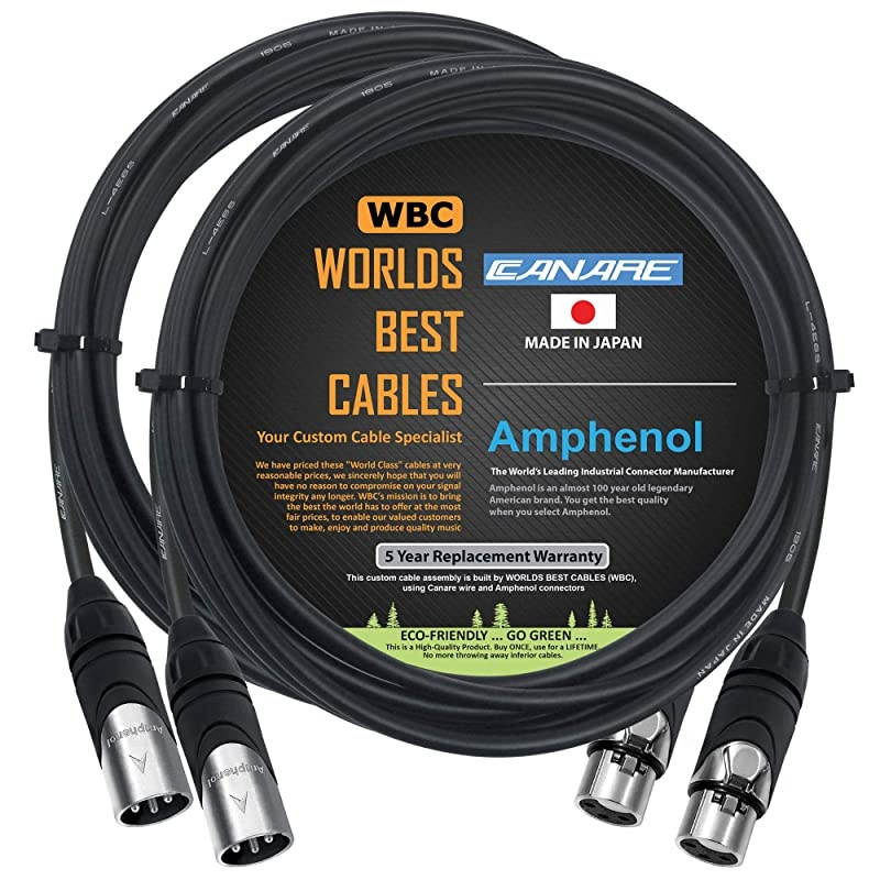 2 Units 10 Foot Canare L4E6S Star Quad Balanced Male to Female Microphone Cables with Amphenol AX3M amp AX3F Silver XLR Connectors Custom Made by