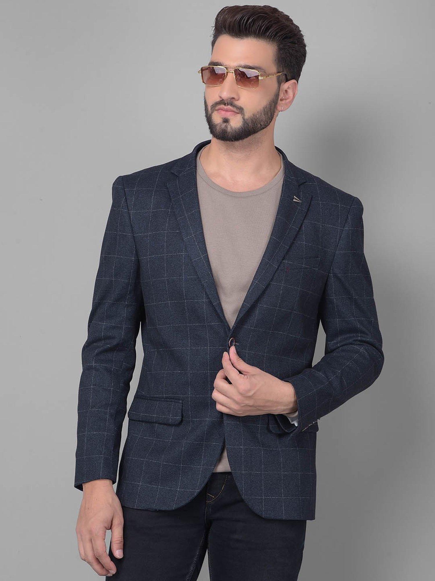 Crimsoune Club Navy Blue Slim Fit Checks Blazer