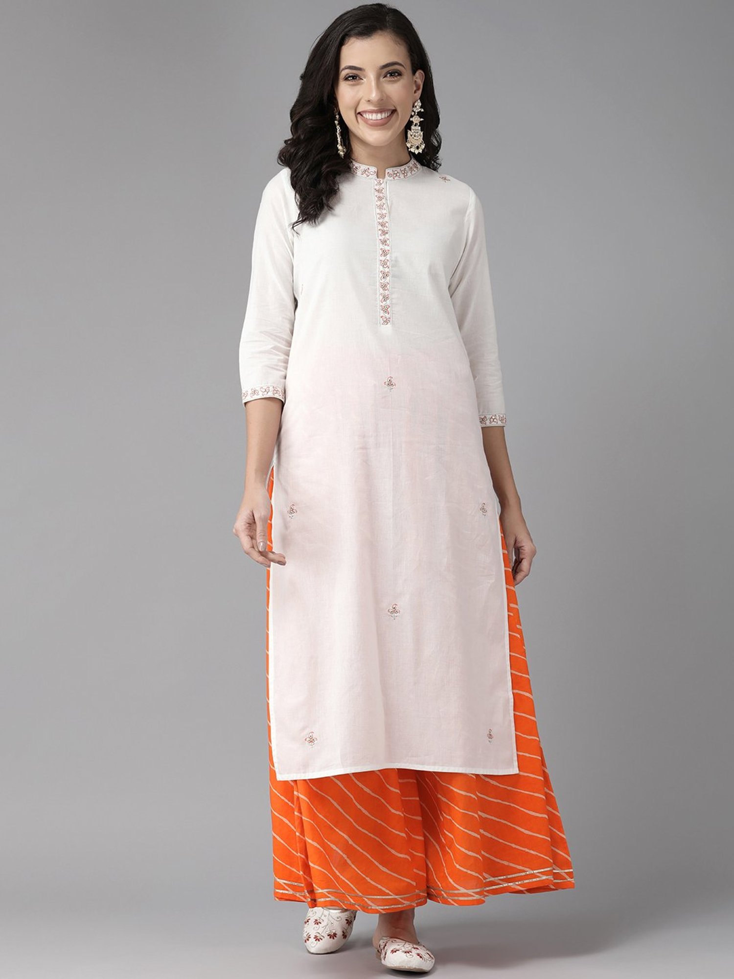 Prakrti White & Orange Cotton Embroidered Kurta & Palazzo Set