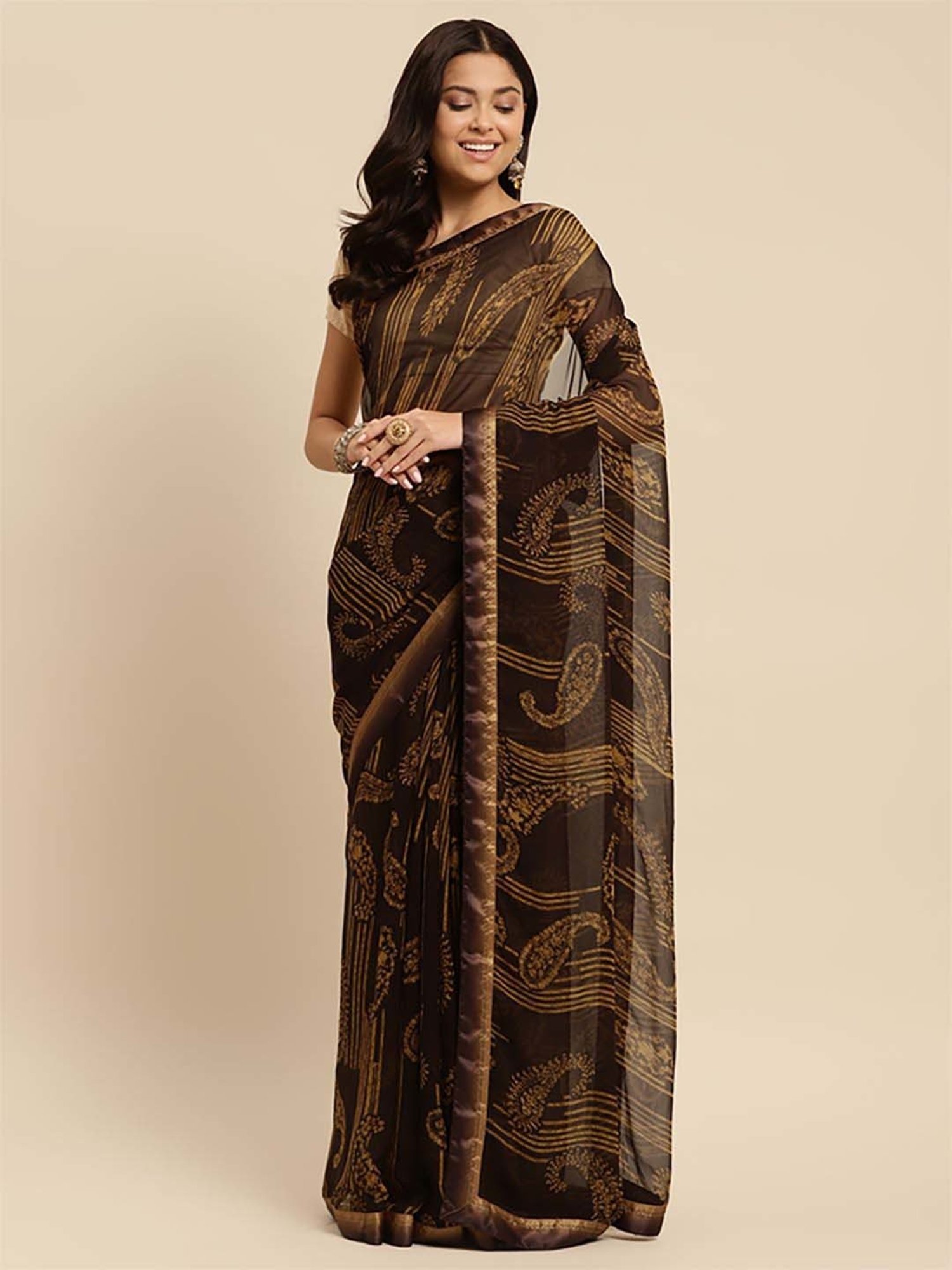 Rangita Brown Paisley Print Saree With Unstitched Blouse