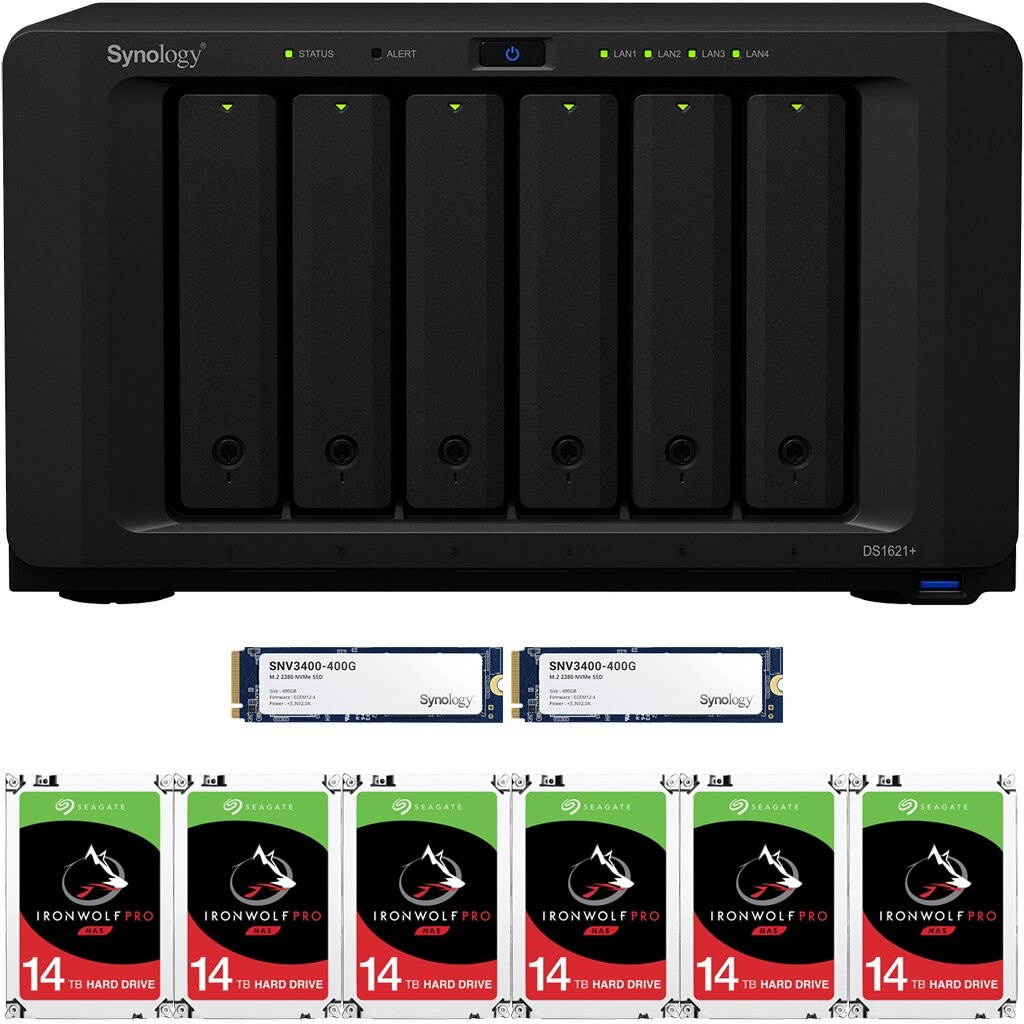 Synology DS1621+ DiskStation with 32GB RAM and 72TB (6 x 12TB) of Seagate Ironwolf PRO NAS Drives and 800GB (2x400GB) NVME Cache Fully Assembled and Tested By CustomTechSales