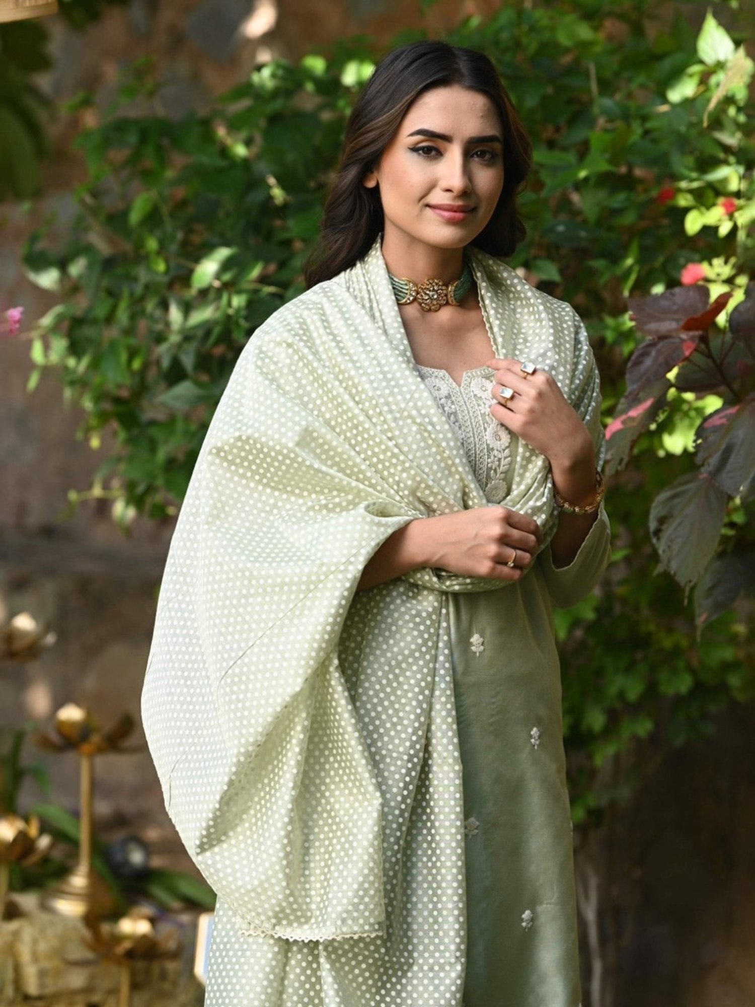 Mahee Jaipur Aquamarine Pistachio Green Chanderi Kurta With Pant And Dupatta