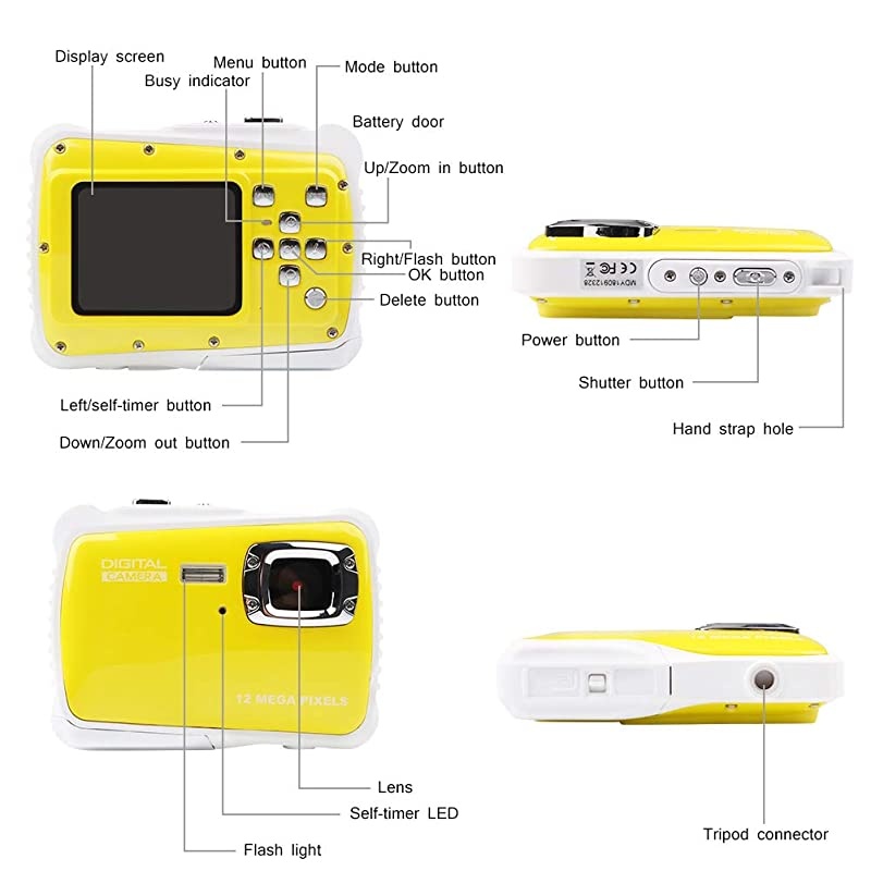Waterproof Mini Kid Camera High Definition 12MP HD 3M Underwater Swimming Digital Camera Camcorder 20 Inch LCD Display Yellow