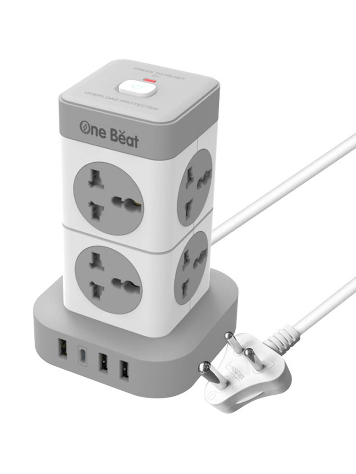 One Beat Tower 3 USB Port +1 Type-C Port with LED Indicator 8 Socket Extension Boards (White & Grey)