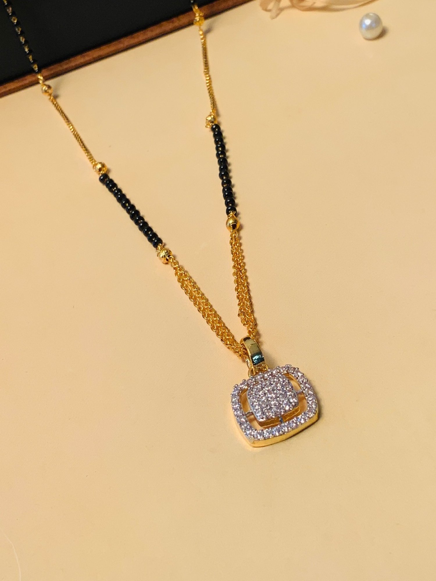 Abdesigns Gold-Plated American Diamond & Black Beaded Mangalsutra