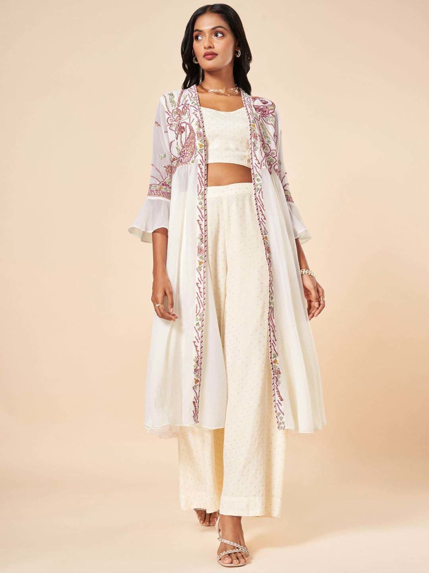 Marigold Lane White Embroidered Crop Top Palazzo Set With Cape