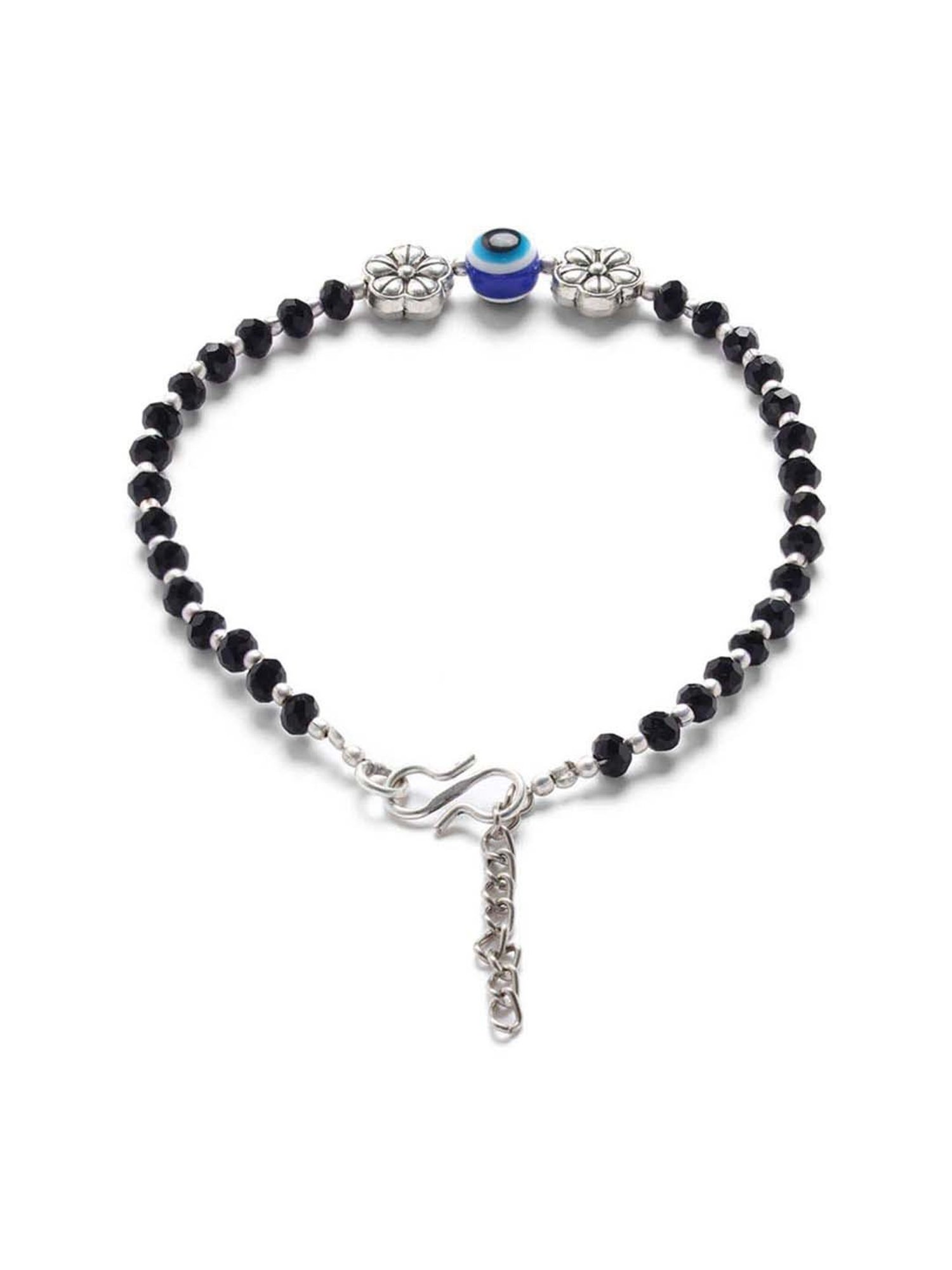 Aatmana Silver-Plated & Black Beaded Handcrafted Flower Anklets - Set of 2