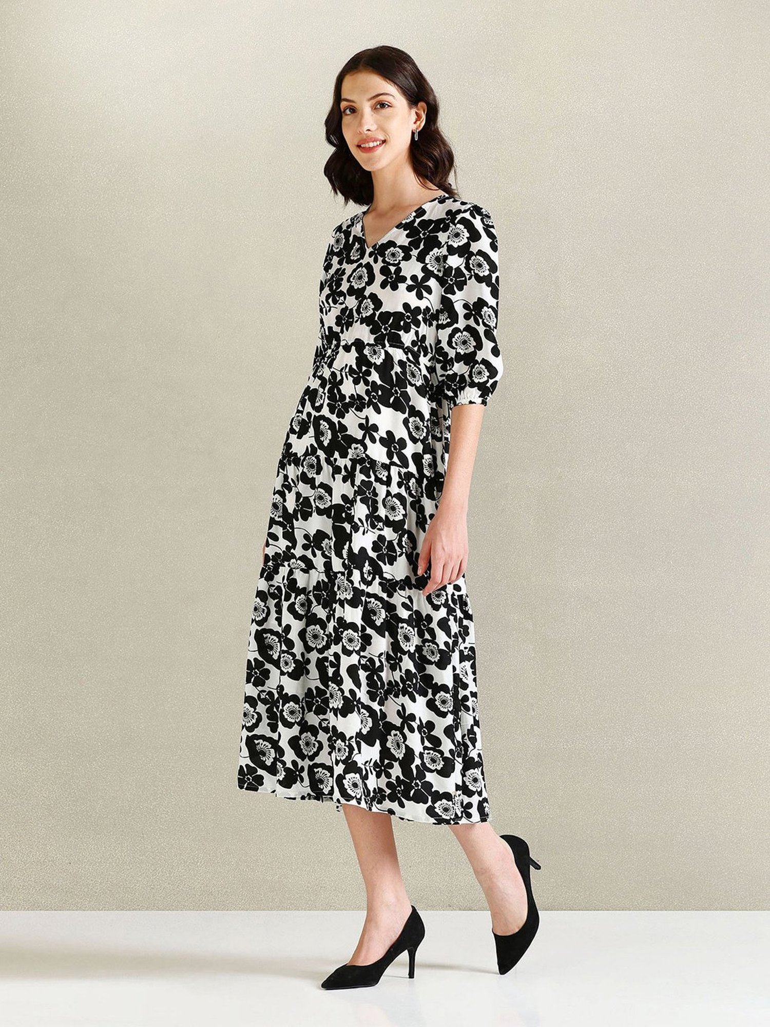 U.S. Polo Assn. Black & White Cotton Floral Print Midi Dress
