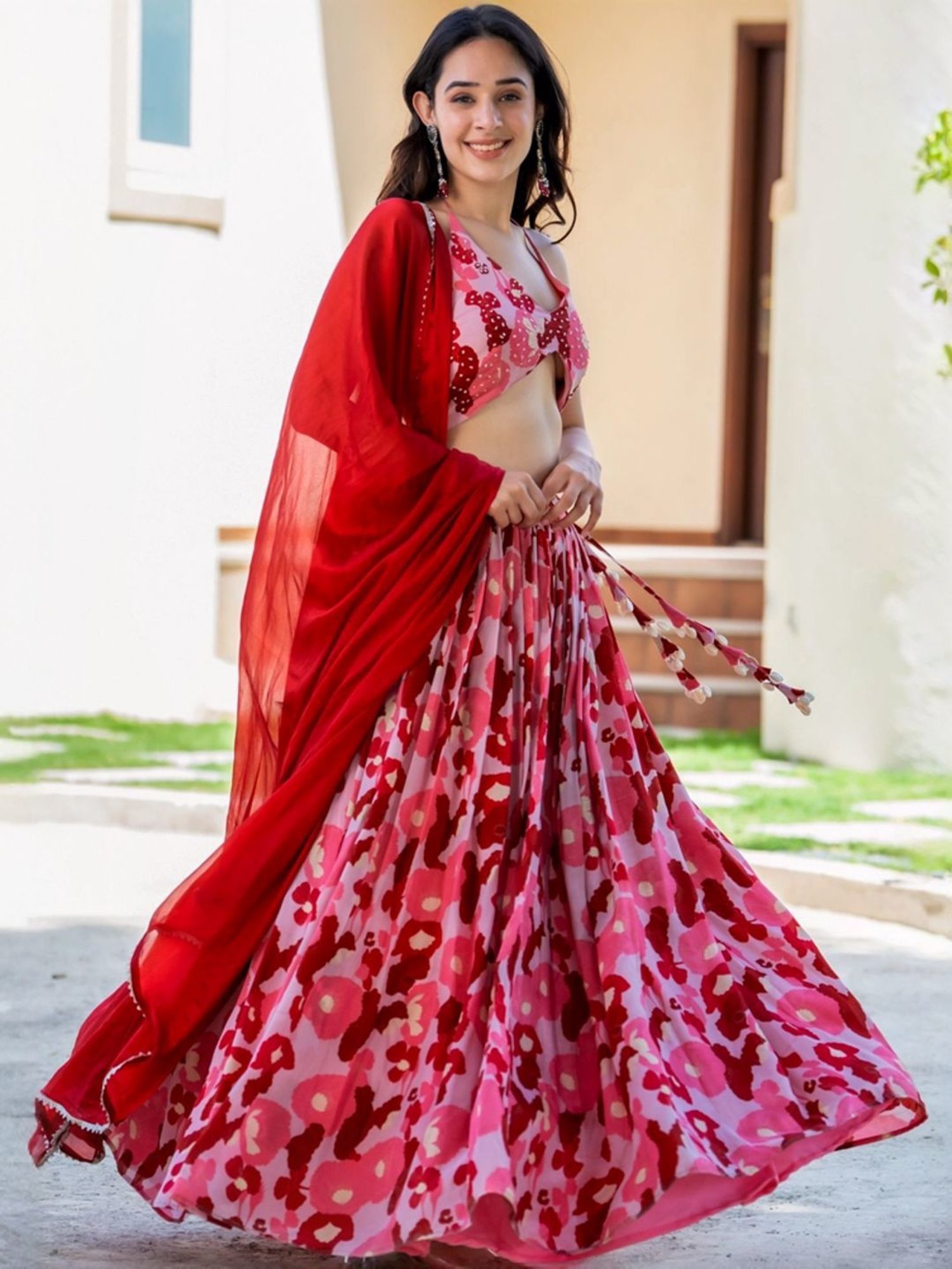 HOUSE OF JAMOTI Red Printed Lehenga Choli Set With Dupatta