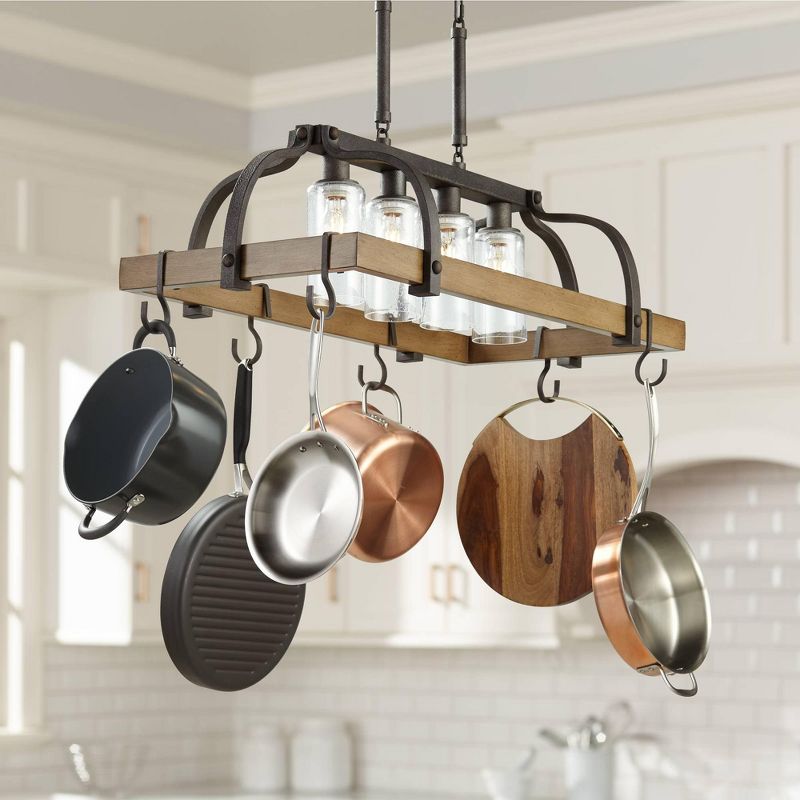 Franklin Iron Works Bronze Wood Pot Rack Linear Pendant Chandelier 36 1/2" Wide Rustic Farmhouse Seeded Glass 4-Light for Kitchen
