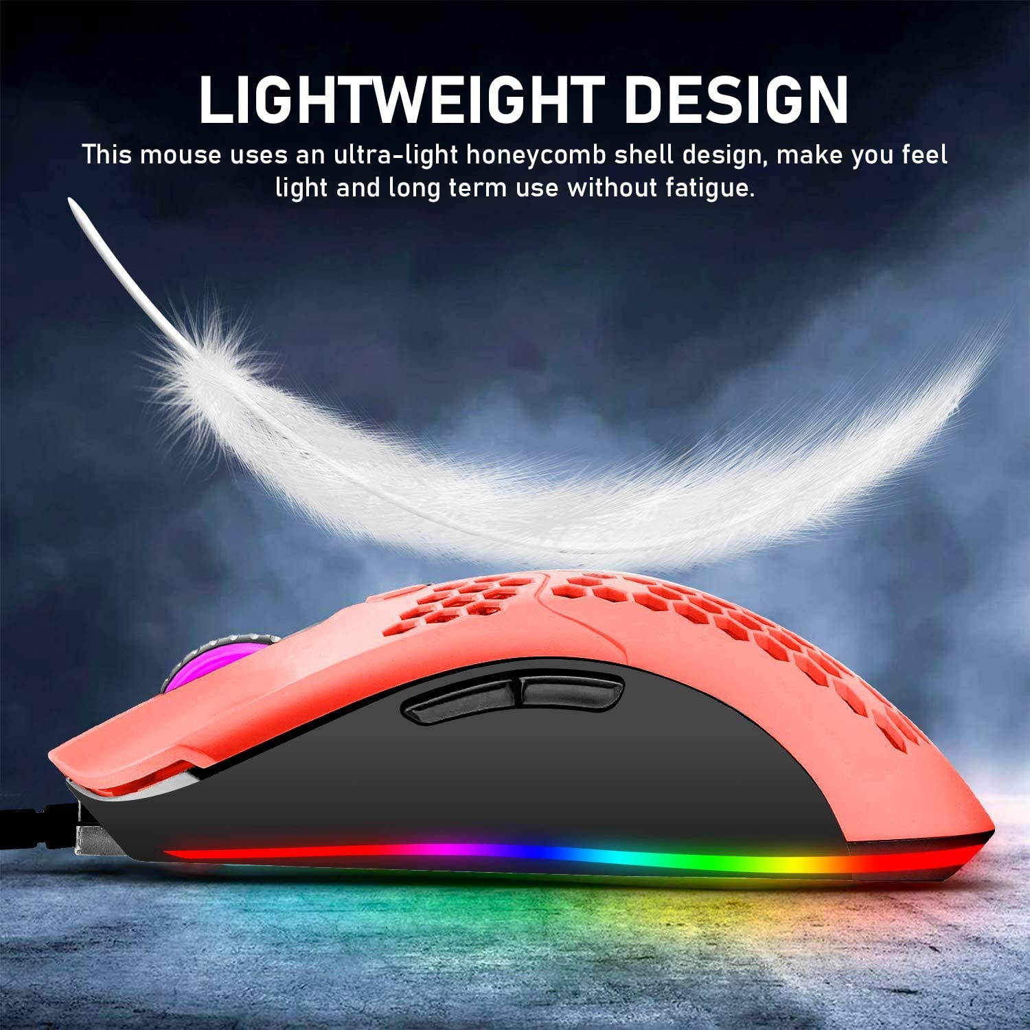 Wired Lightweight Gaming Mouse  6400DPI Backlit Mice with 7 Buttons Programmable DriverUltralight Honeycomb Shell Ultraweave Cable Mouse for PC Gamers and Xbox and PS4 Users(Red)