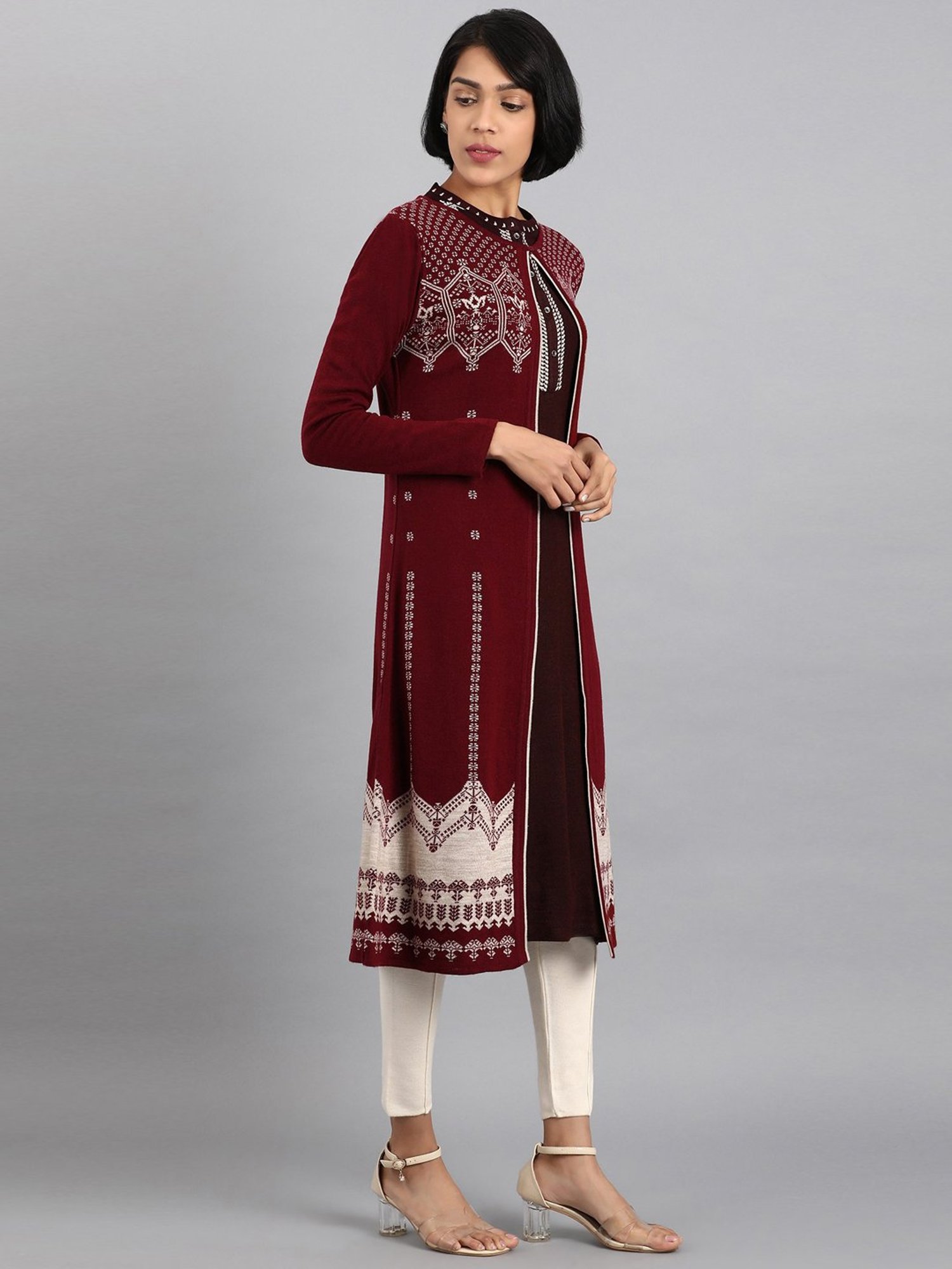 W Maroon Self Pattern Shrug