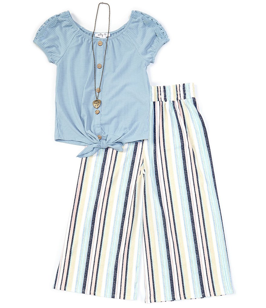 Ally B Big Girls 7-16 Puff-Sleeve Rib-Knit Top & Striped Palazzo Pant Set