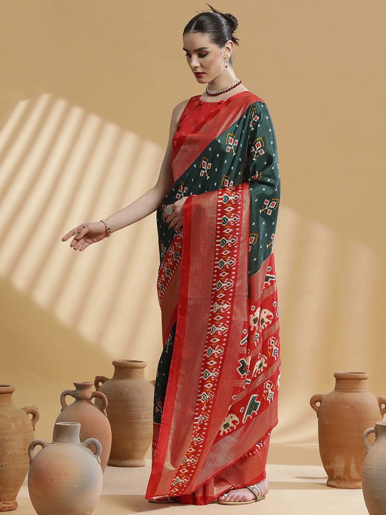 Saree Mall Green & Red Silk Printed Saree With Unstitched Blouse