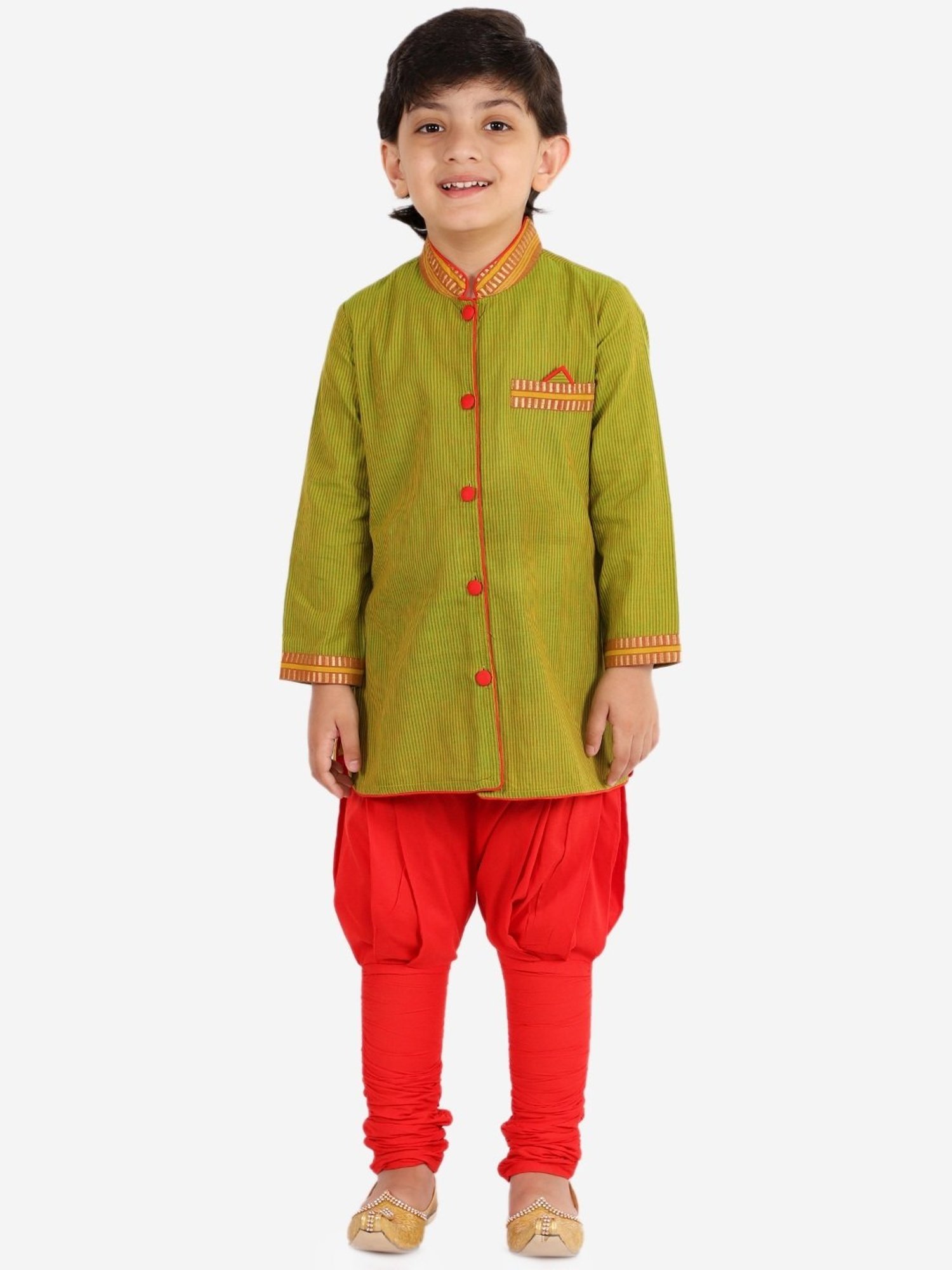 TWISHA Kids Green & Red Cotton Striped Full Sleeves Kurta Set