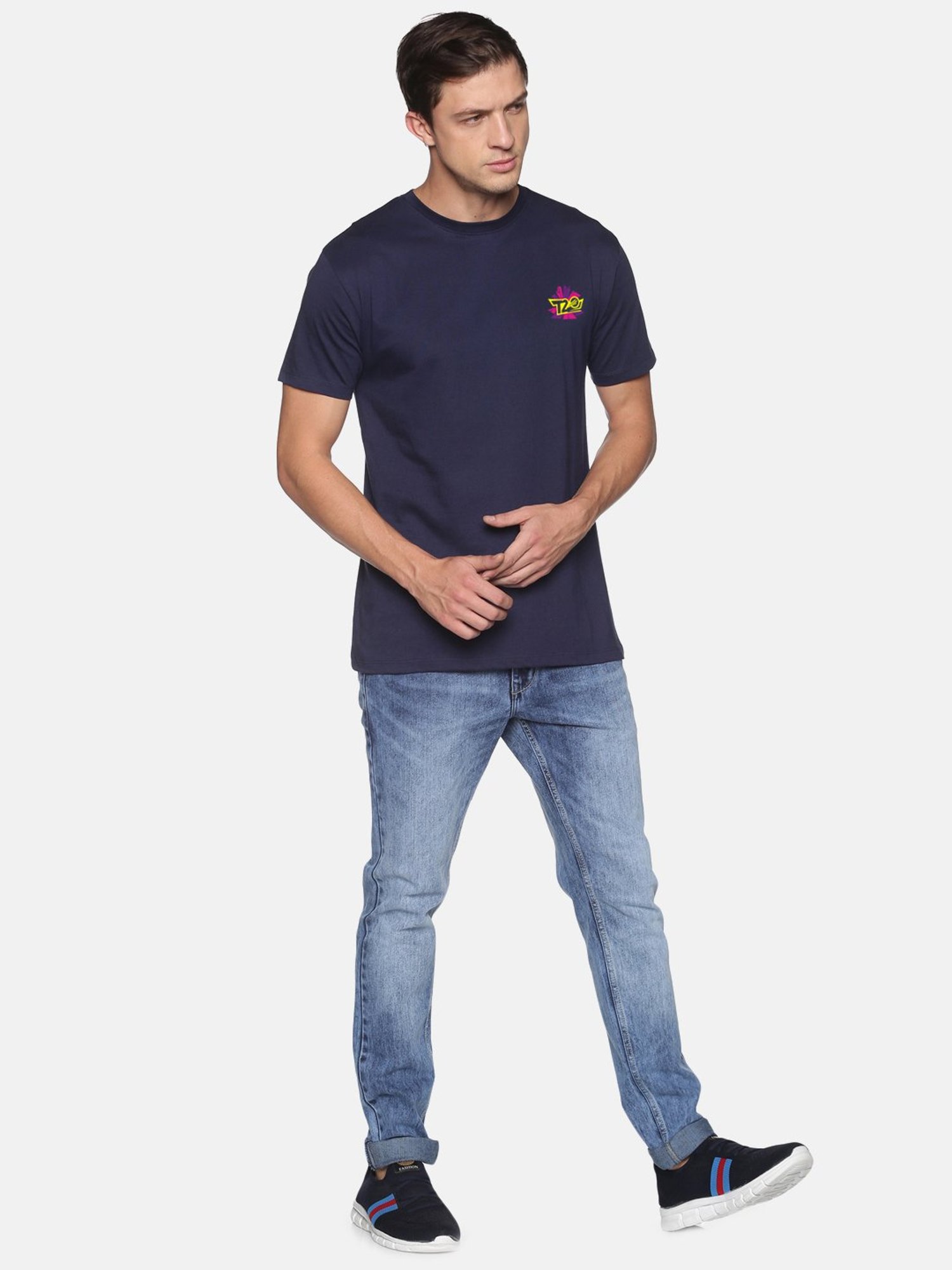 BLACK RADIO Navy Slim Fit Printed Crew T-Shirt