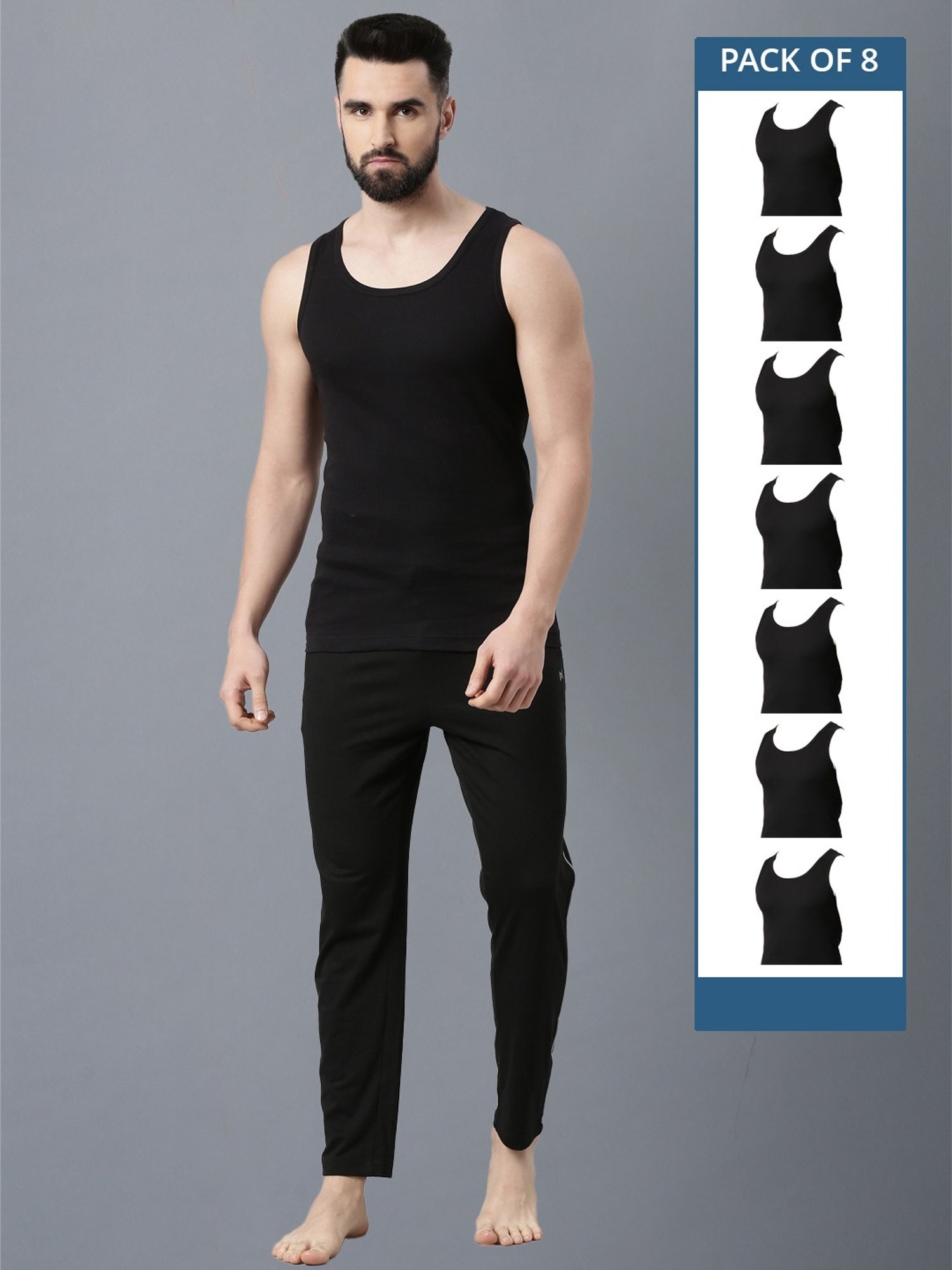 Force NXT Black Cotton Regular Fit Vest - Pack Of 8
