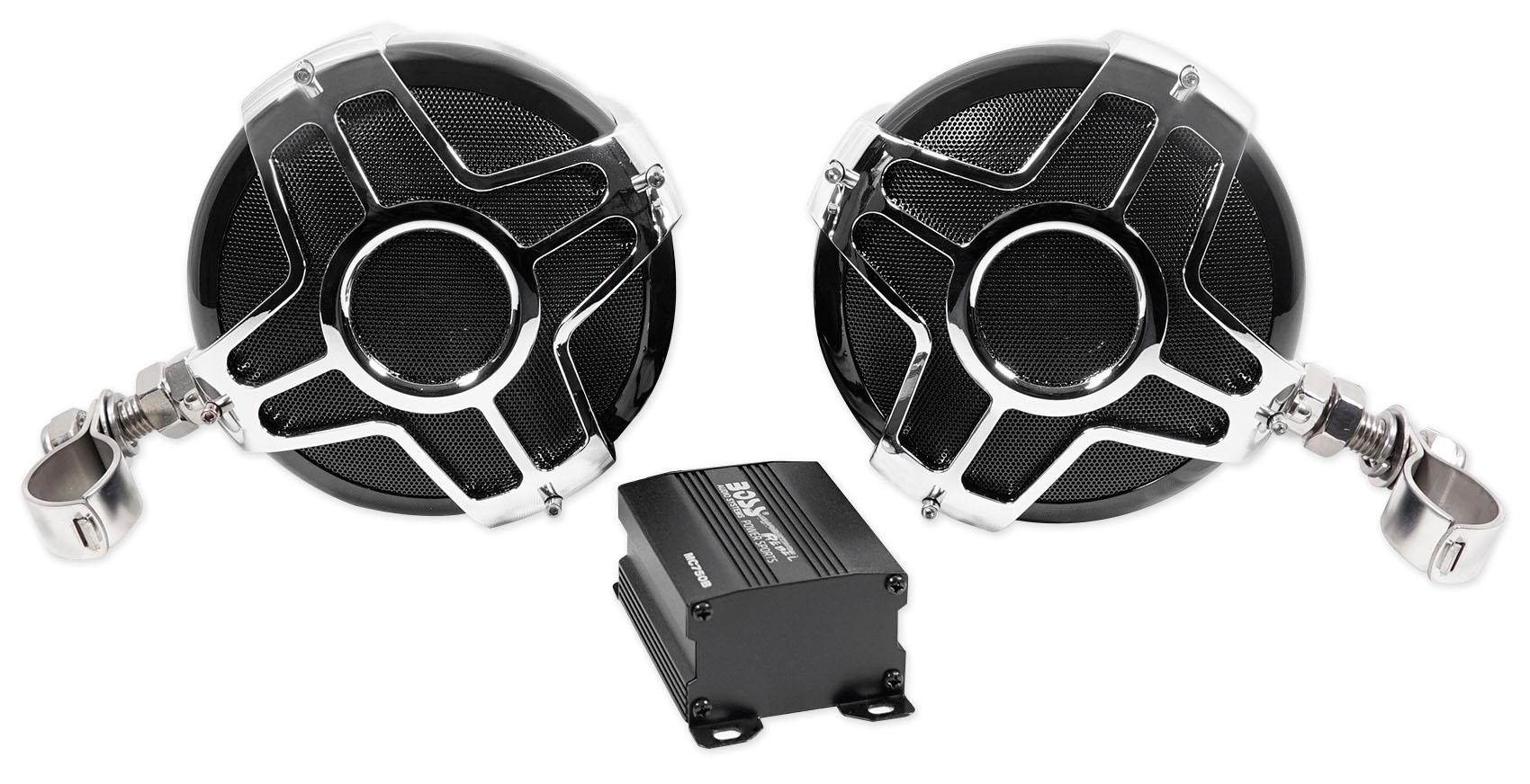 boss audio mc750b bluetooth, weatherproof speaker and amplifier sound system, two 4 inch speakers, bluetooth amplifier, inline volume control, ideal for motorcycles/atv and 12 volt applications