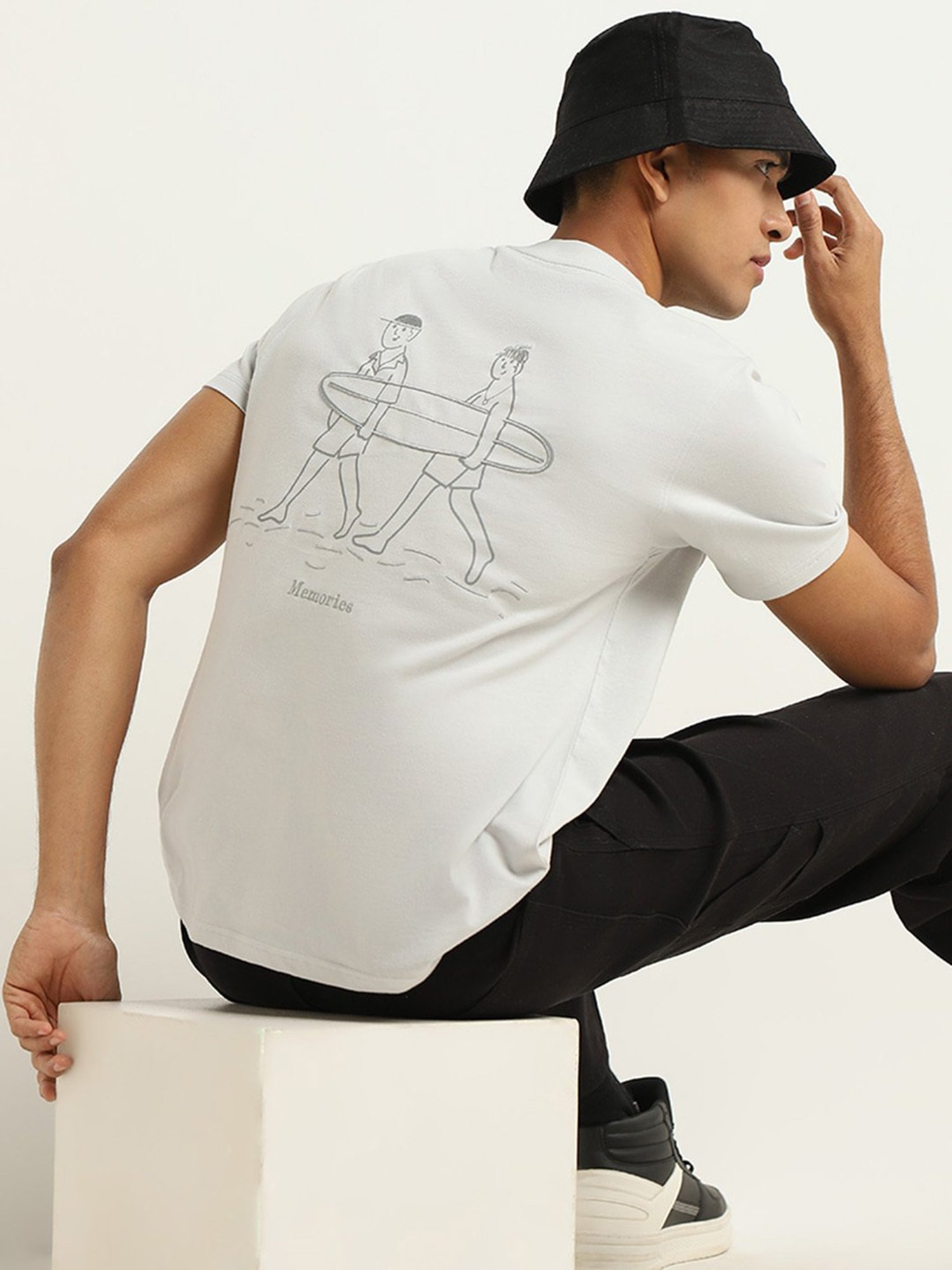 Nuon by Westside Grey Embroidered Slim Fit T-Shirt