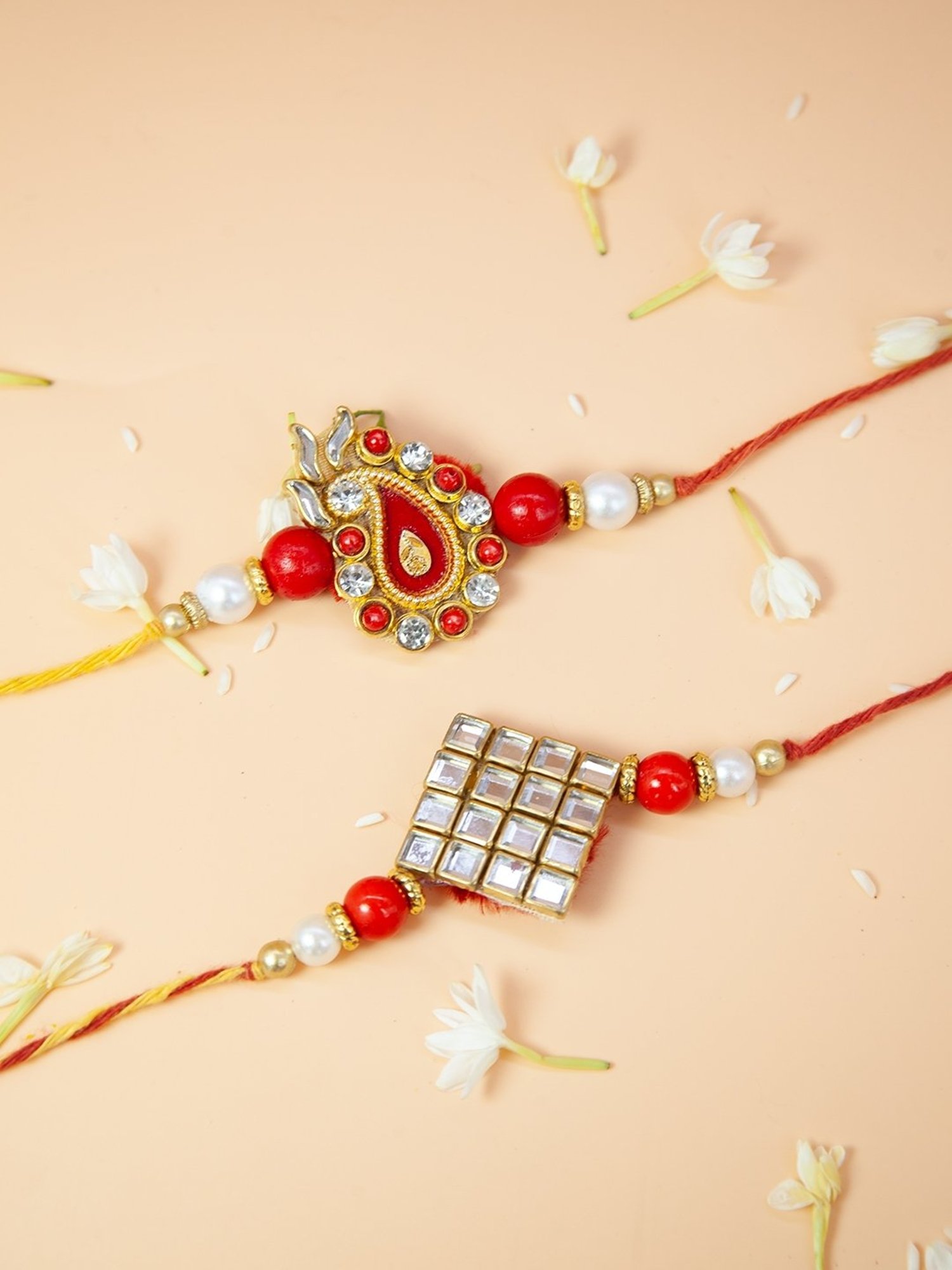 Fida Designer Handmade Red & Yellow Rakhi & Roli Chawal for Men - Set of 2