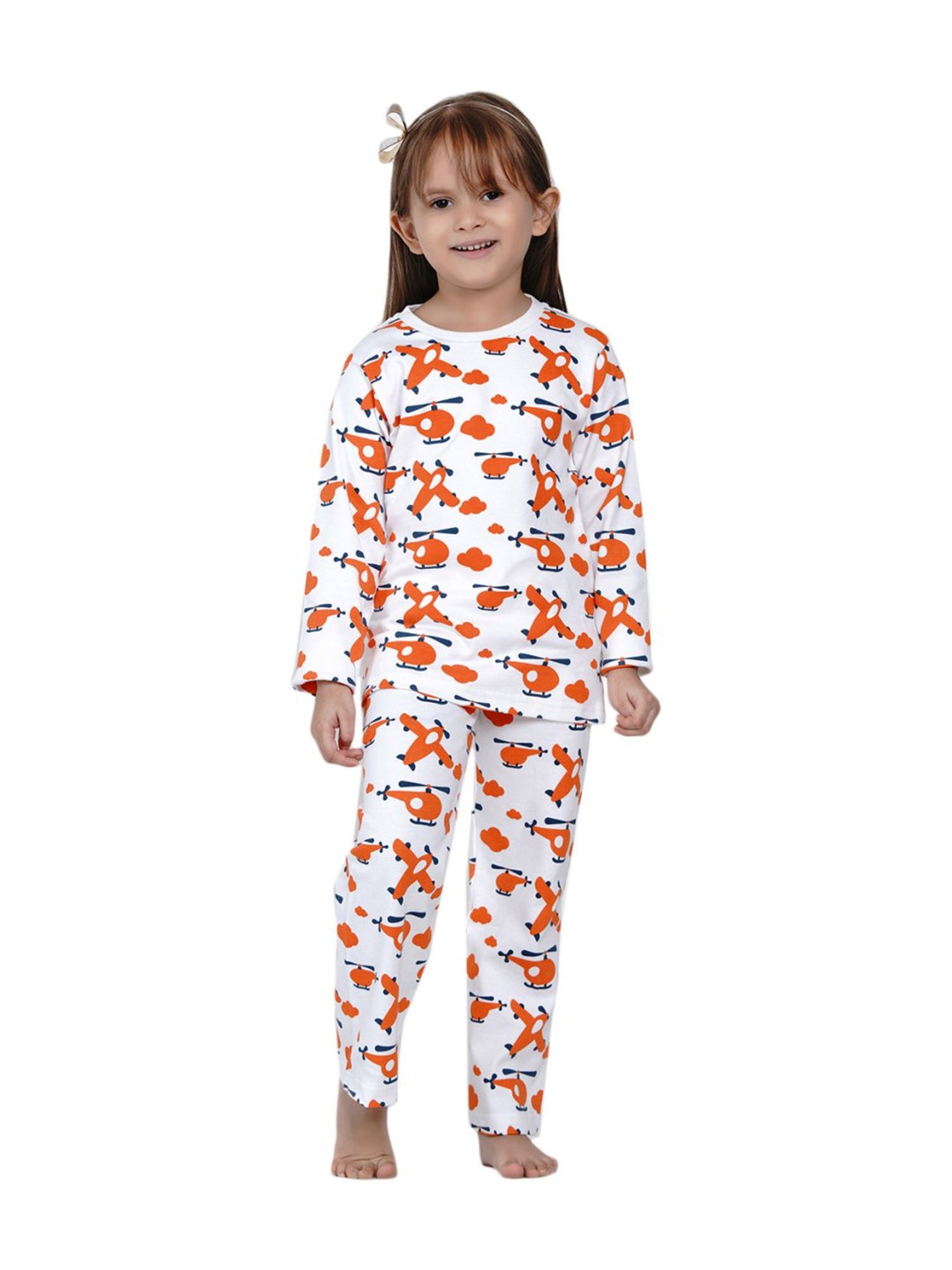 Berrytree Organic Girls Orange Cotton Planes Print Night Suits