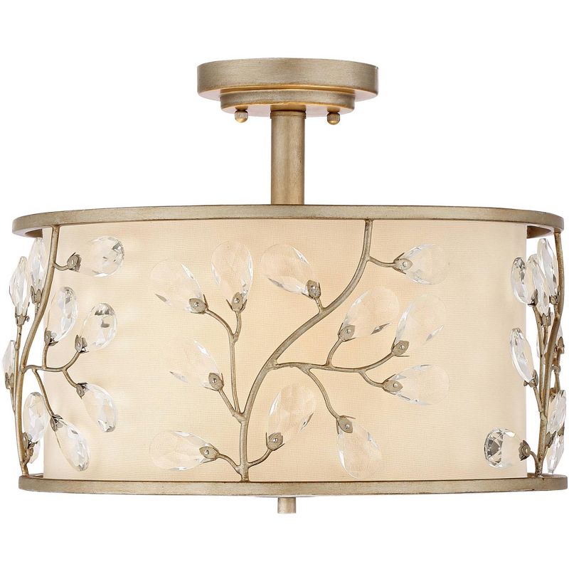 Barnes and Ivy Modern Ceiling Light Semi Flush Mount Fixture Crystal Buds Antique Silver 16" Wide Beige Fabric Drum for Bedroom