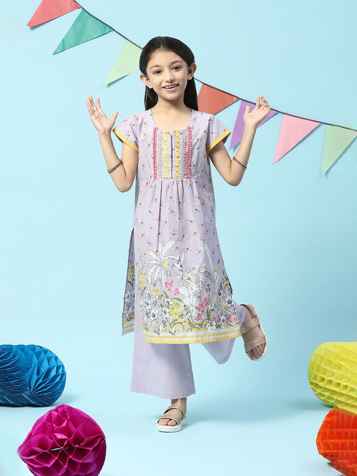 BIBA Girls Lilac Embellished Kurta with Pants