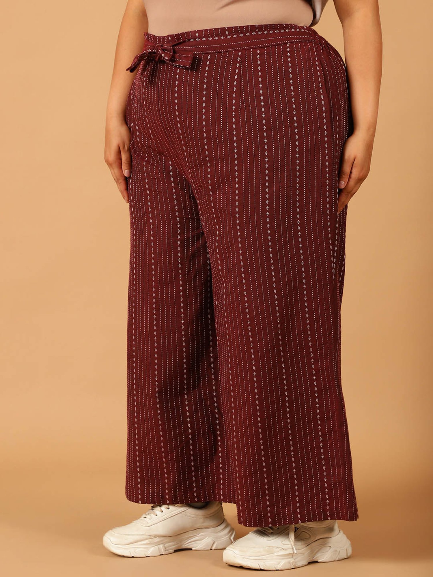 Moms Maternity Maroon Striped Regular Fit Mid Rise Plus Size Trousers