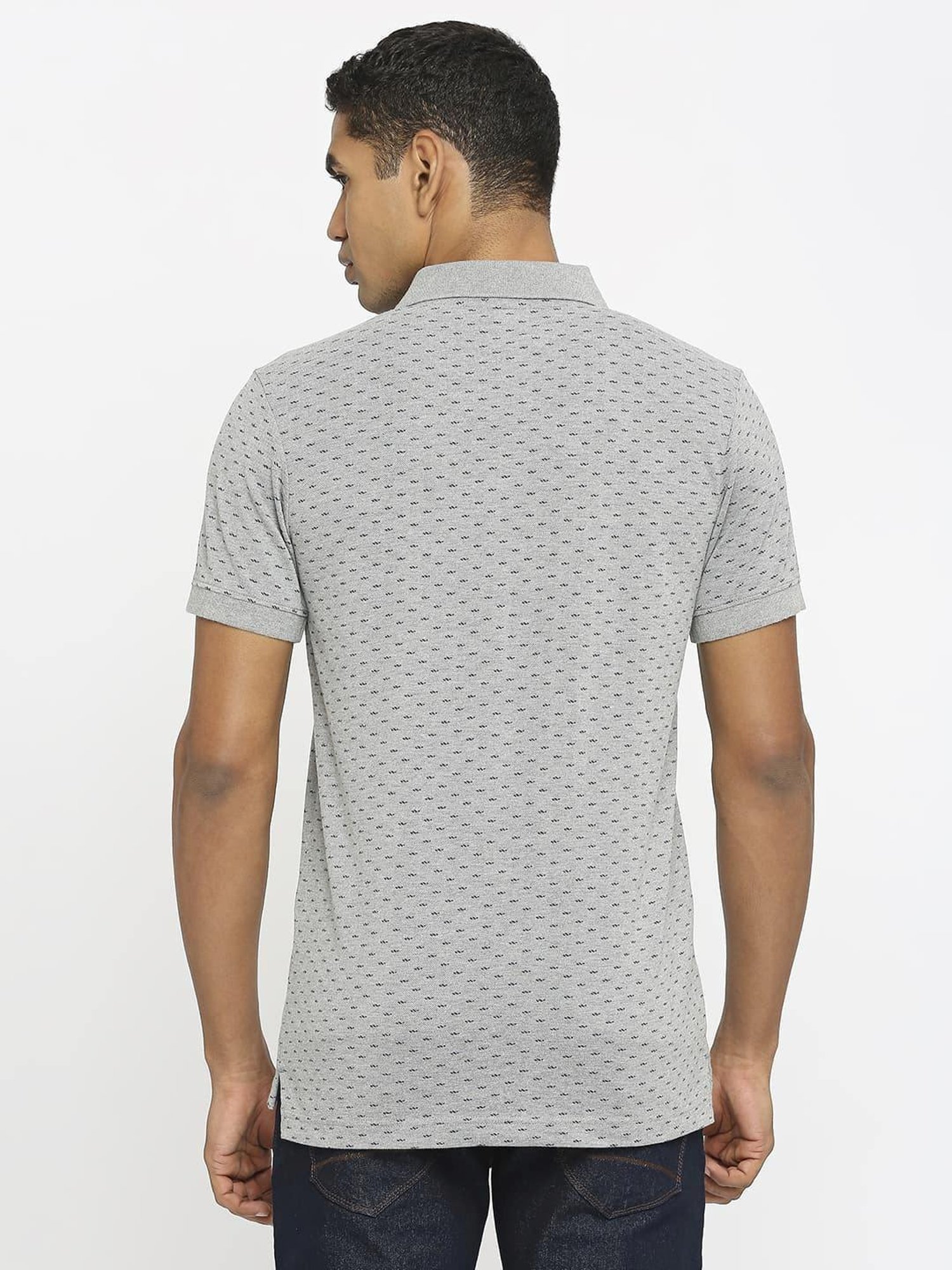 Basics Grey Cotton Muscle Fit Printed Polo T-Shirt