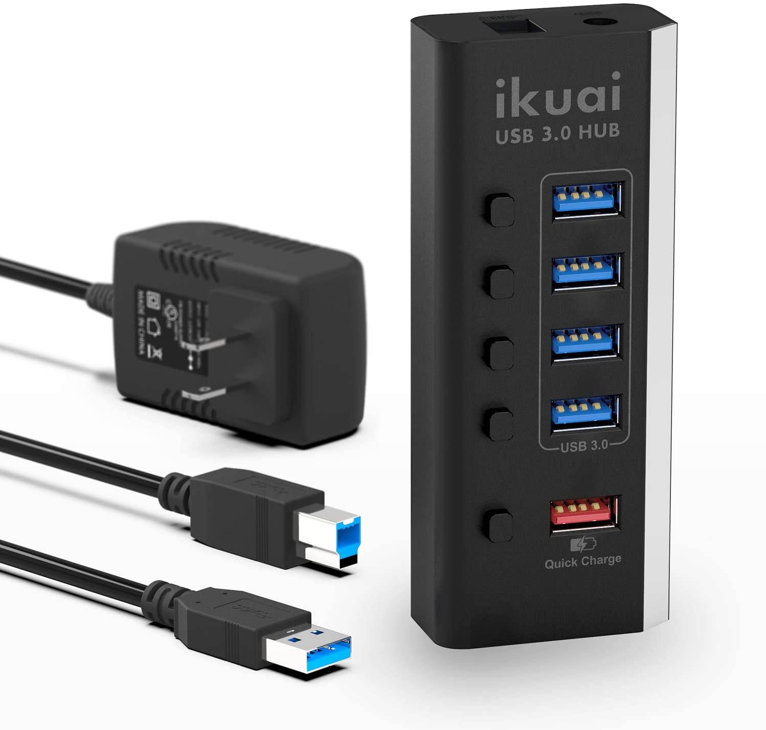 Powered USB Hub ikuai 5 Port USB Hub 3.0 Splitter with 4 Port USB Hub +1 USB Fast Charging Port USB Extender Hub with 24W (12V/2A) Power Adapter and Individual On/Off Switches