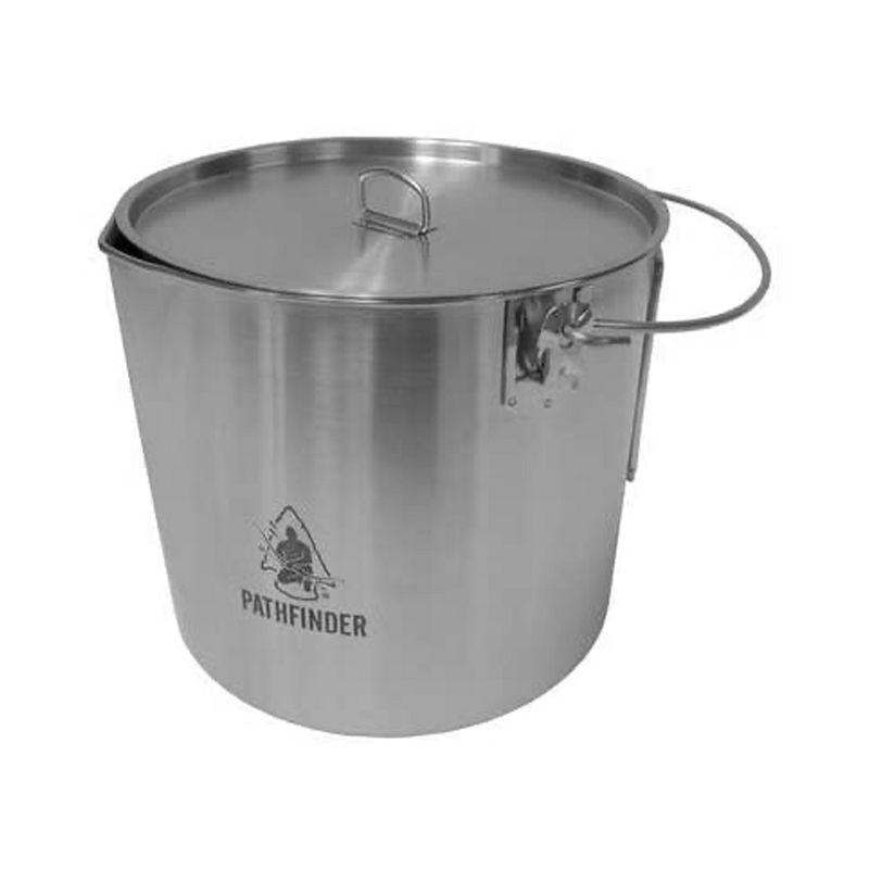Pathfinder Stainless Steel 120 Ounce Durable Fire Ready Bush Pot and Lid w/ Cool Wing Handle, Pour Spout, and Heavy Duty D Ring for Camping and Hiking