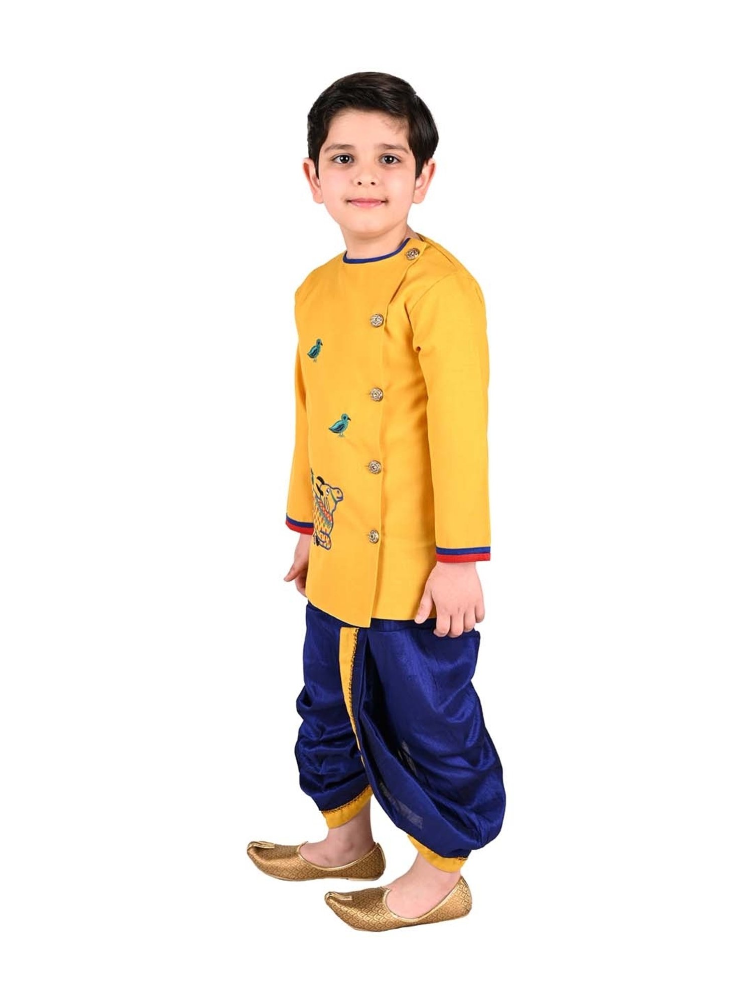 Ahhaaaa Kids Yellow & Blue Cotton Embroidered Kurta Set