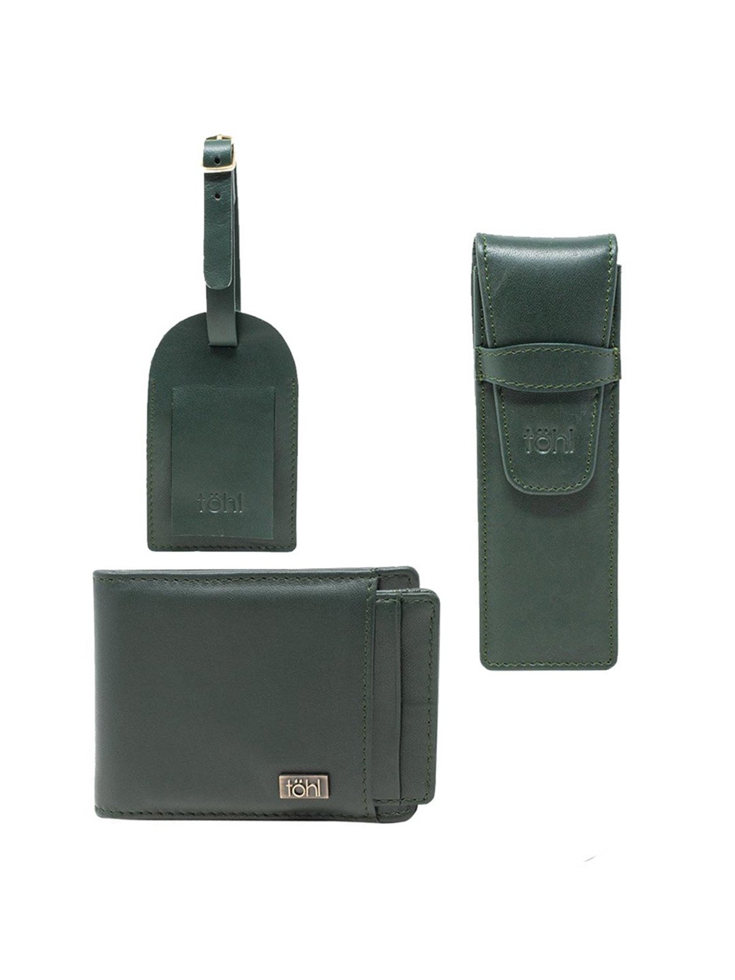 Tohl Marvao Green Casual Leather Bi-Fold Wallet,Keychain & Pen Holder Set for Men