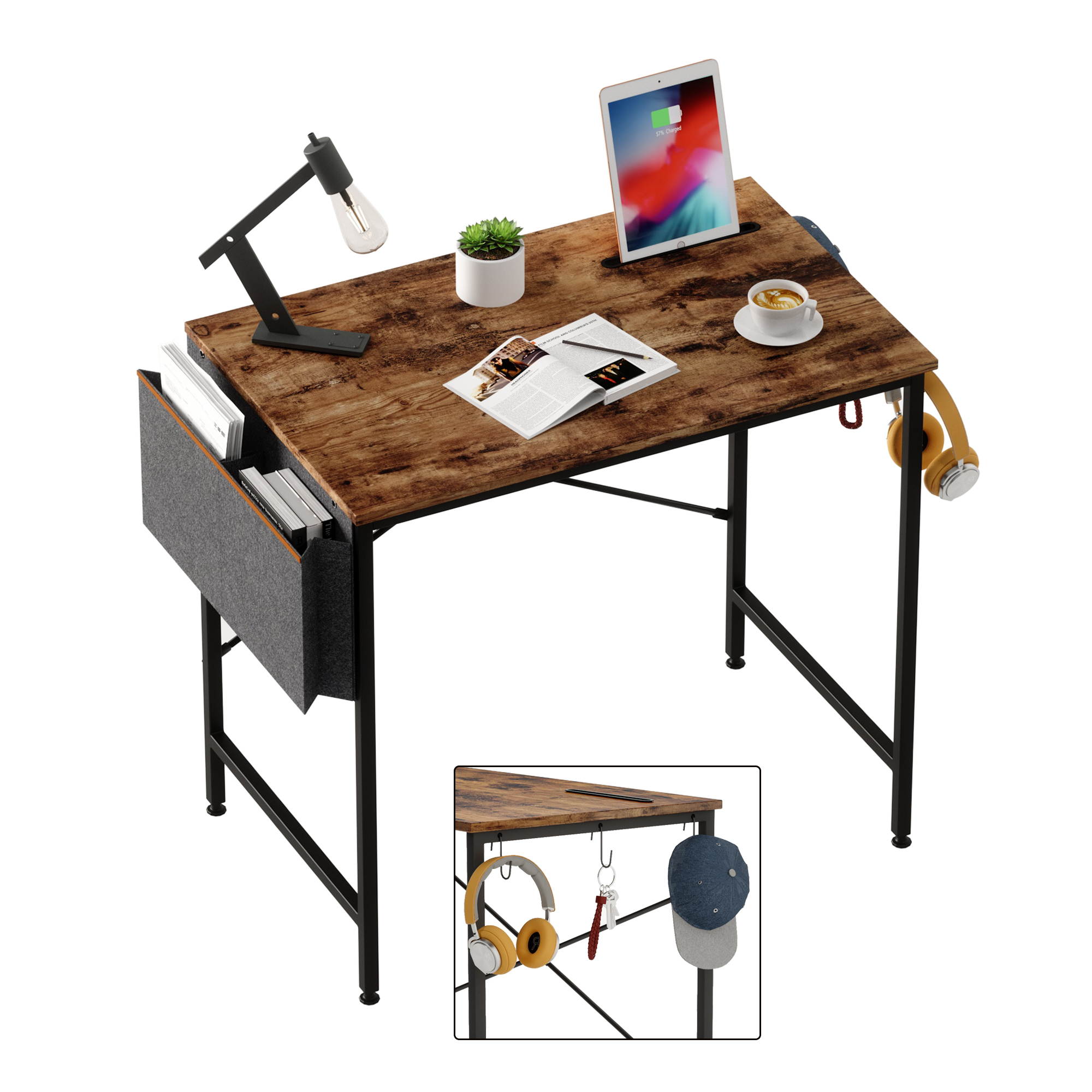 Bestier Computer Desk 47 Inch Office Desk Study Writing Desk, Simple Modern Style Laptop Table with Storage Bag & 3 Little Hook, Retro Gray Top
