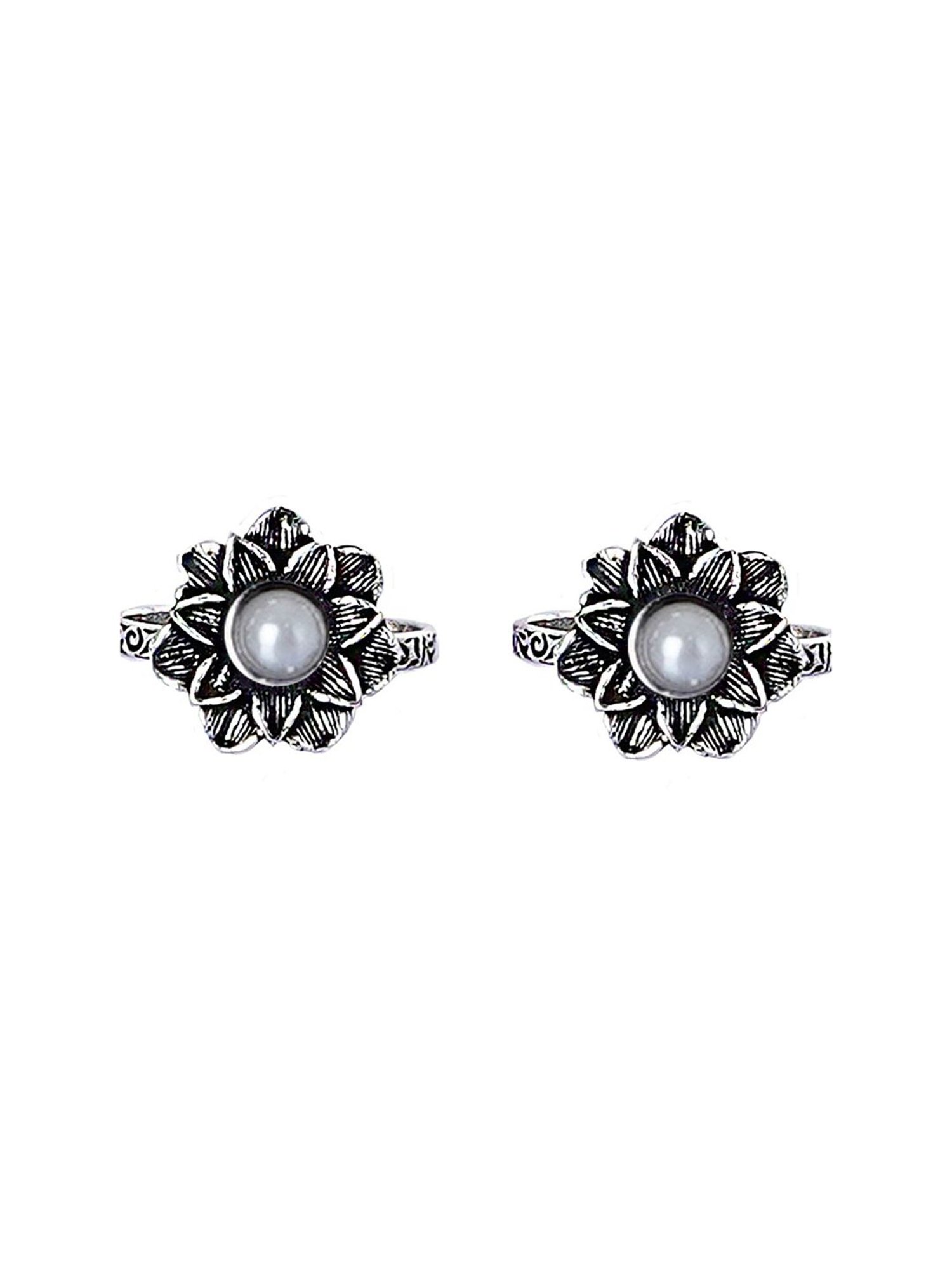 Teejh Kayra White Stone Silver Oxidized Pair of Toe-Rings