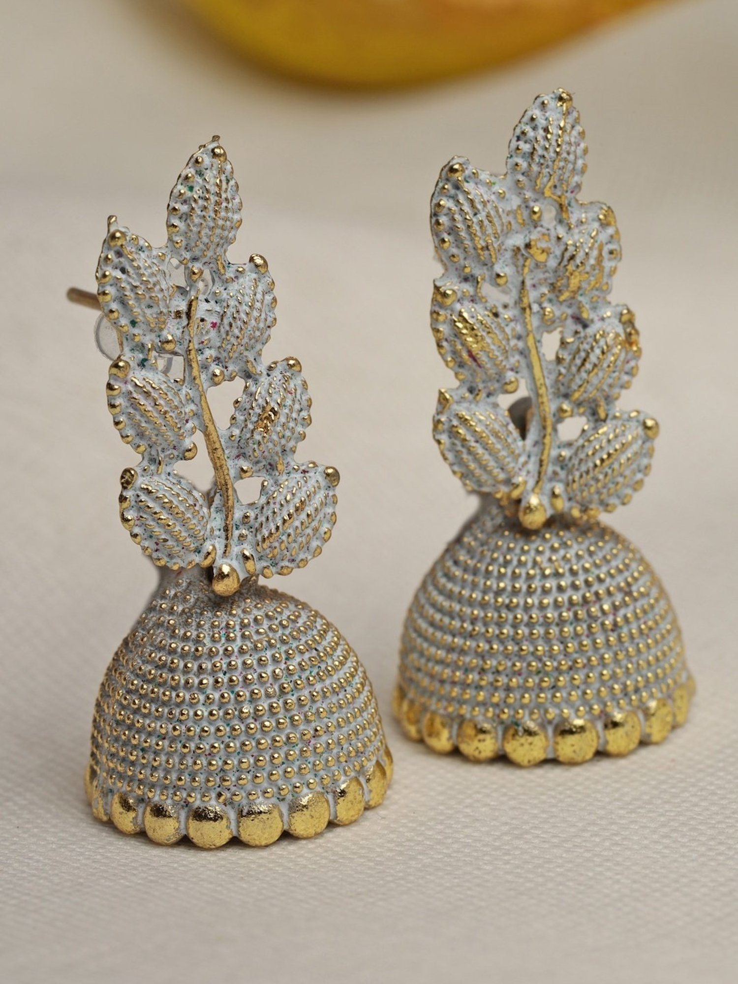 Moedbuille Meenakari Work Antique Leaf Design Oxidized Gold-Plated Handcrafted Jhumki Earrings