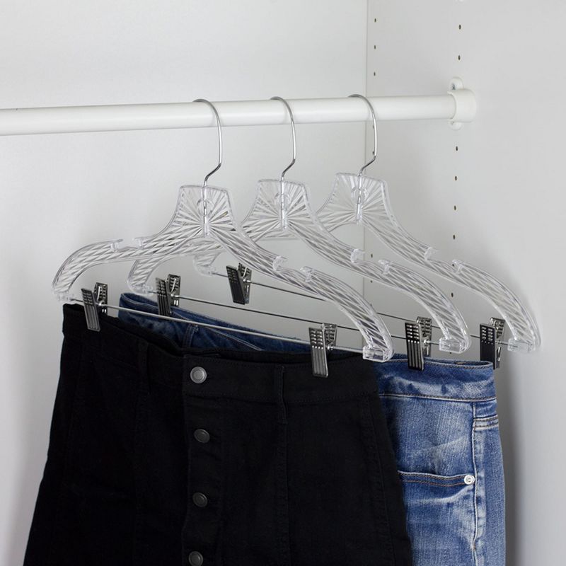 Home Basics Graceful Curve Crystal Plastic Hanger with Metal Pants Clip, (Pack of 3), Clear