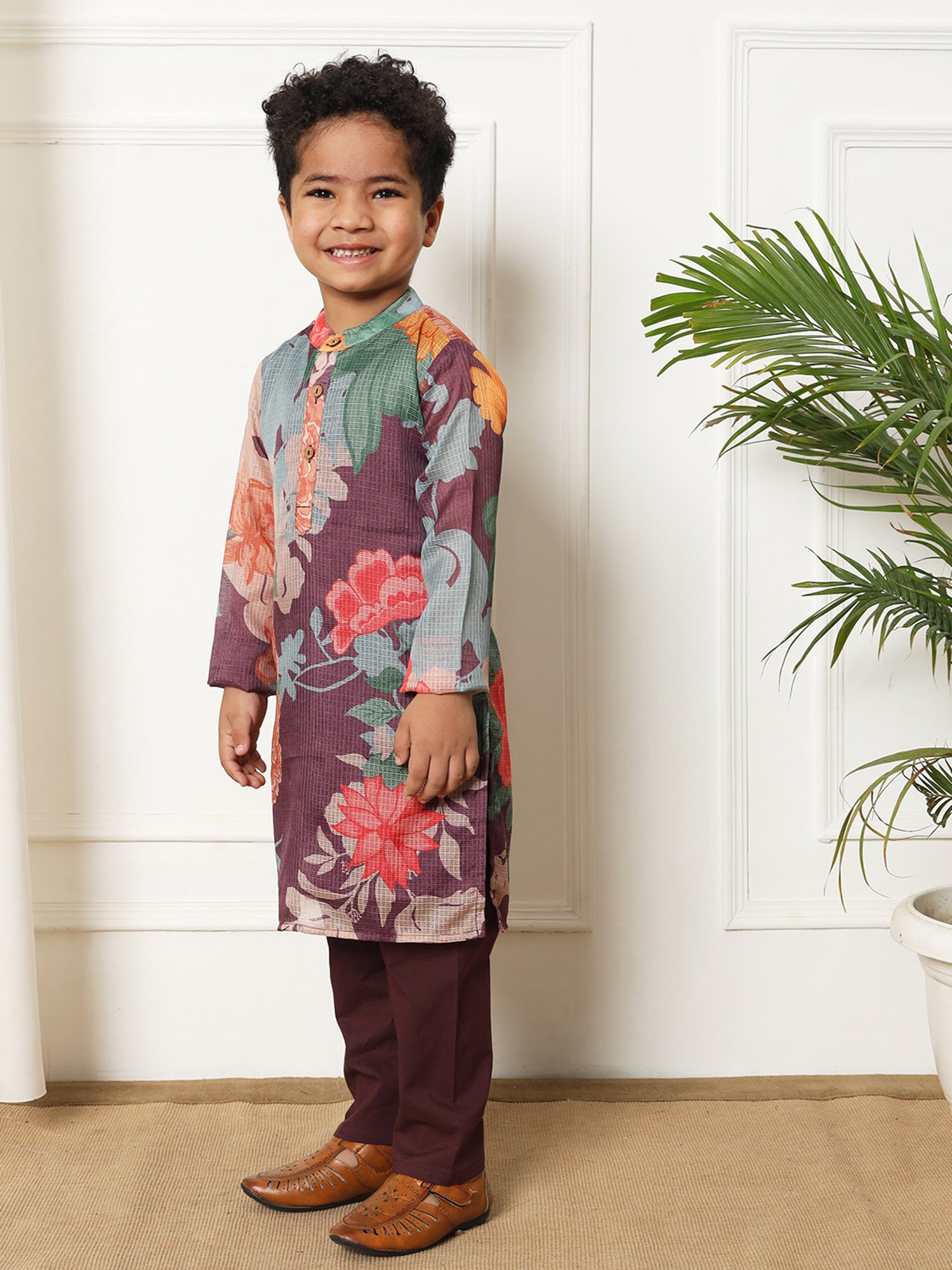 READIPRINT FASHIONS Kids Violet & Blue Floral Print Full Sleeves Kurta with Pyjamas