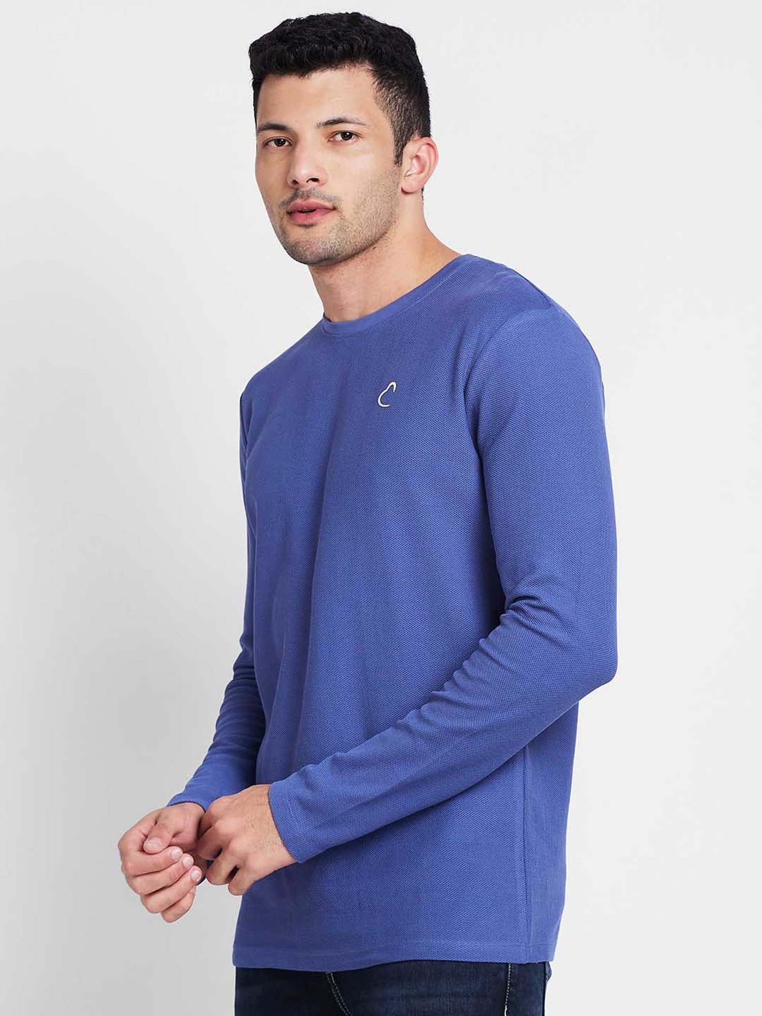 Being Human Blue Regular Fit Textured Crew T-Shirt