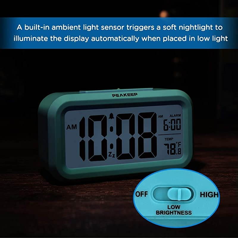 Smart Night Light Digital Alarm Clock with Indoor Temperature, Battery Operated Desk Small Clock (Blue)