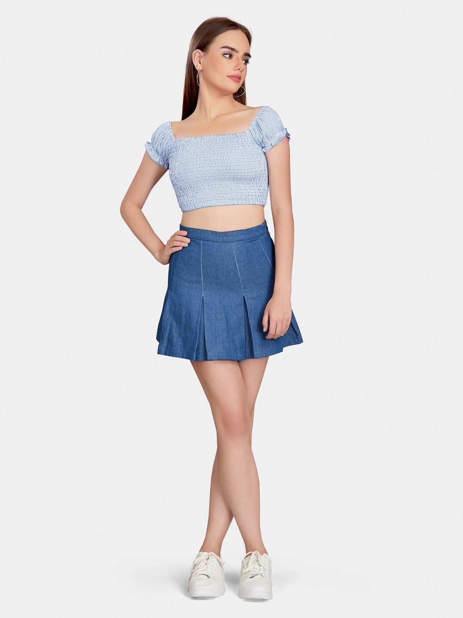 VASTRADO Blue Chequered Crop Top