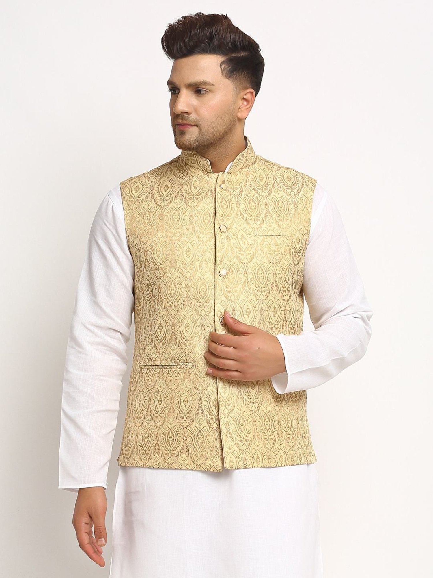 Treemoda Light Golden Regular Fit Self Pattern Nehru Jacket