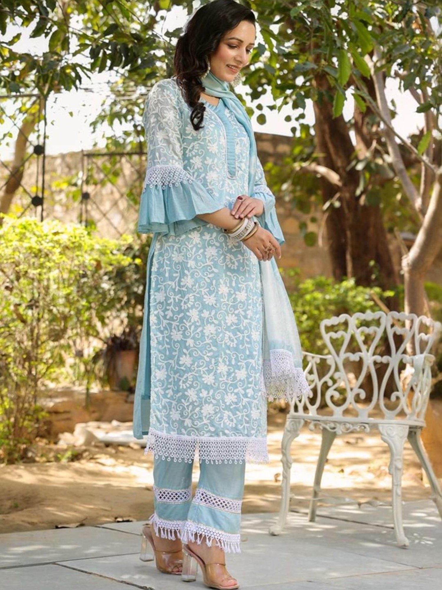 Autumnlane Blue Jeena Sky Embroidered Cotton Kurta with Pant and Dupatta