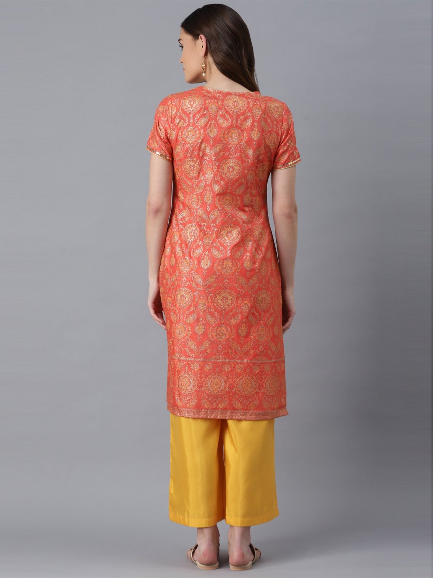 Aure by Aurelia Orange & Yellow Printed Kurta Palazzo Set