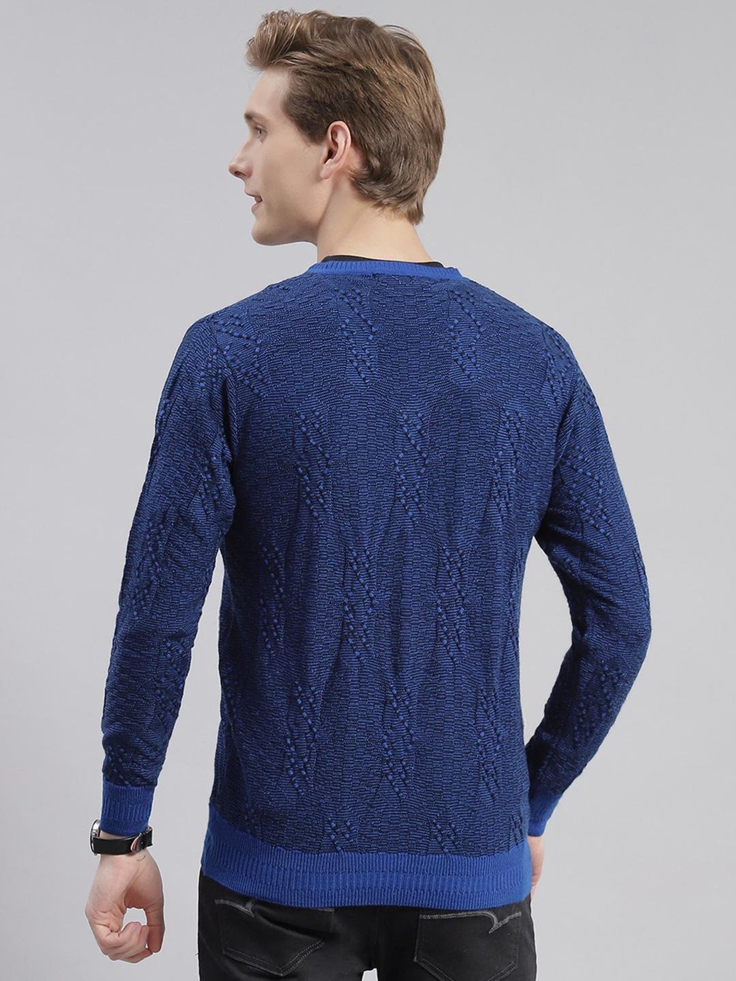 Monte Carlo Royal Blue Regular Fit Self Pattern Sweater