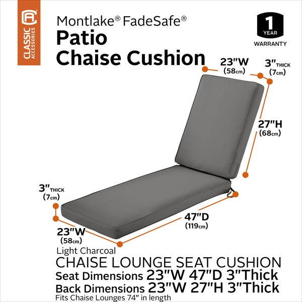 Classic Accessories 62-056-LCHARC-EC Montlake Fadesafe Patio Chaise Lounge Cushion, Light Charcoal - 74 x 23 in.